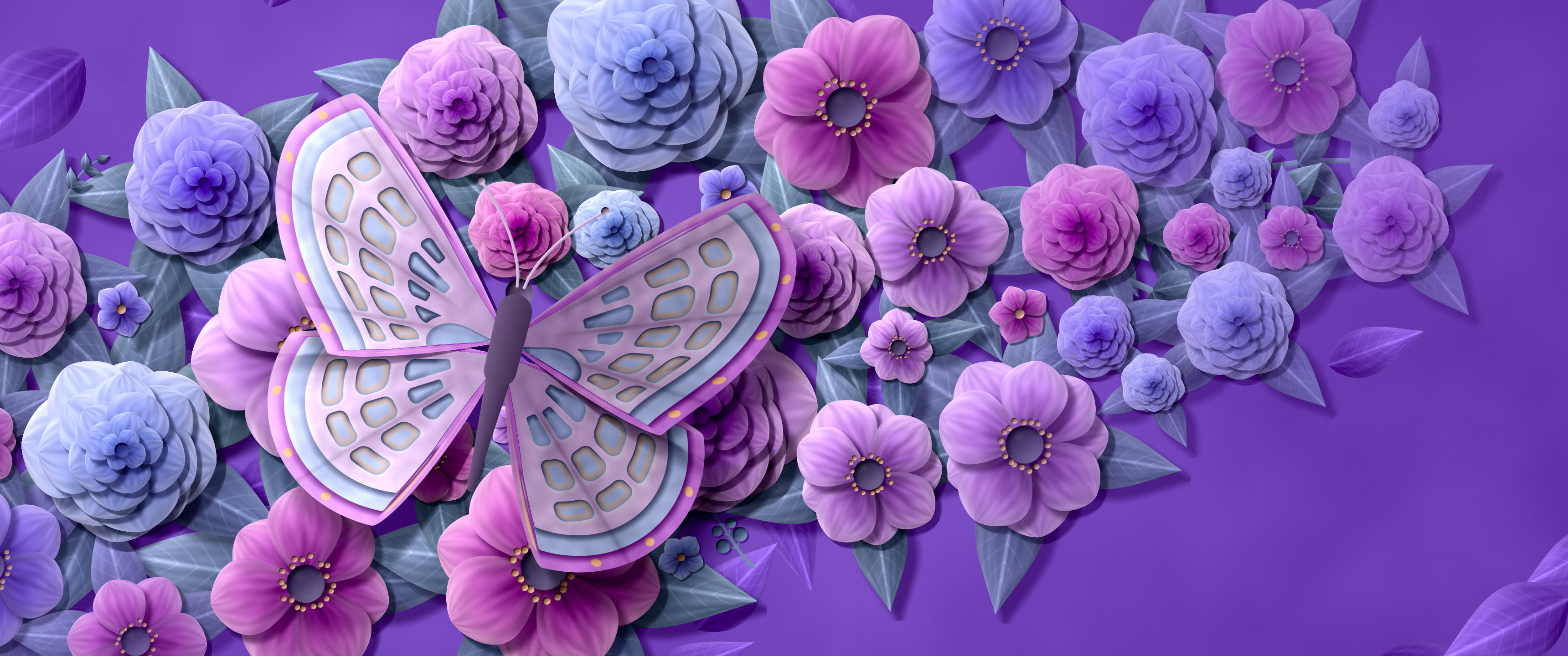 Purple Paper Butterfly on Flowers ultrawide wallpaper, 3440 × 1440