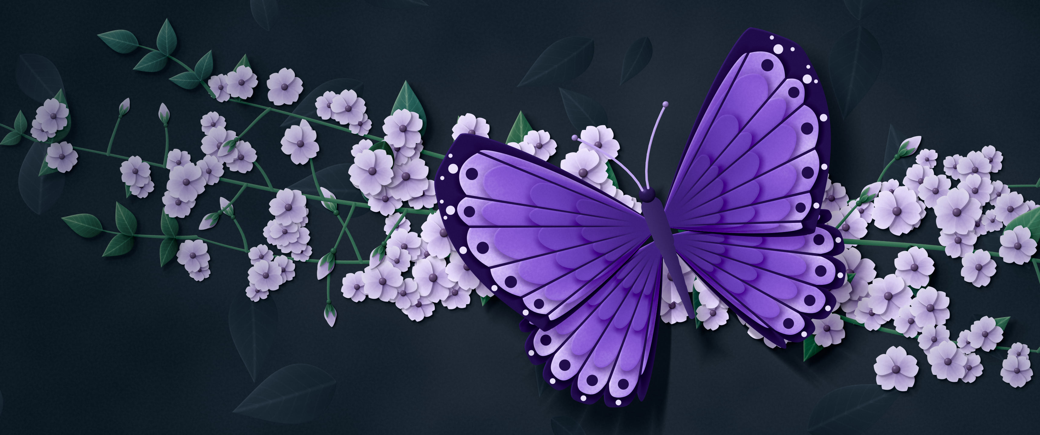 Purple Paper Butterfly ultrawide wallpaper, 3440 × 1440