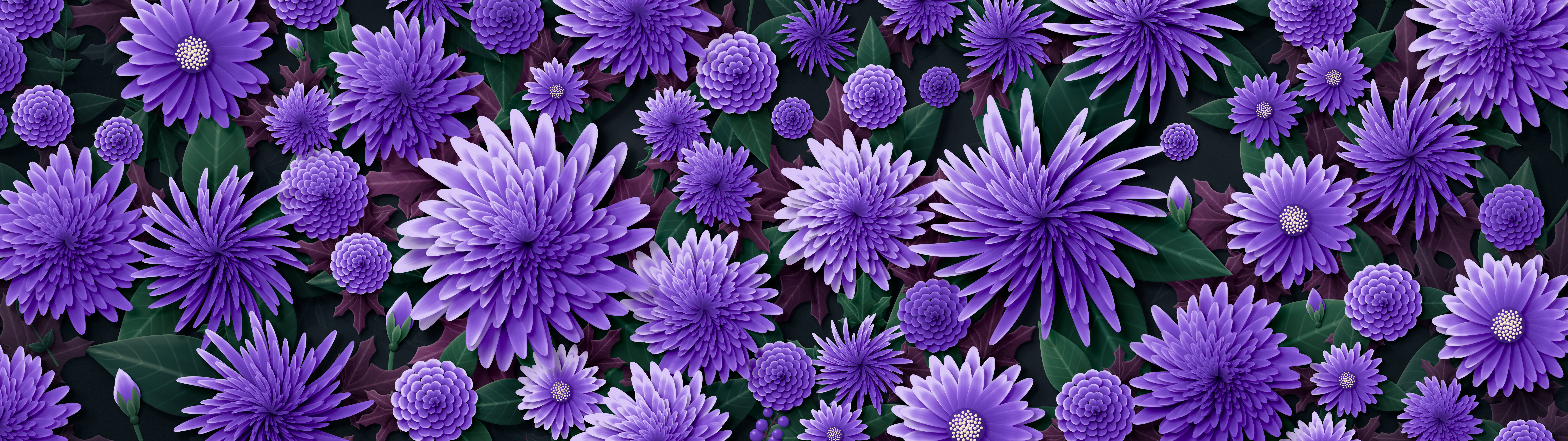 Purple Paper Chrysanthemums dual monitor wallpaper, 7680 × 2160