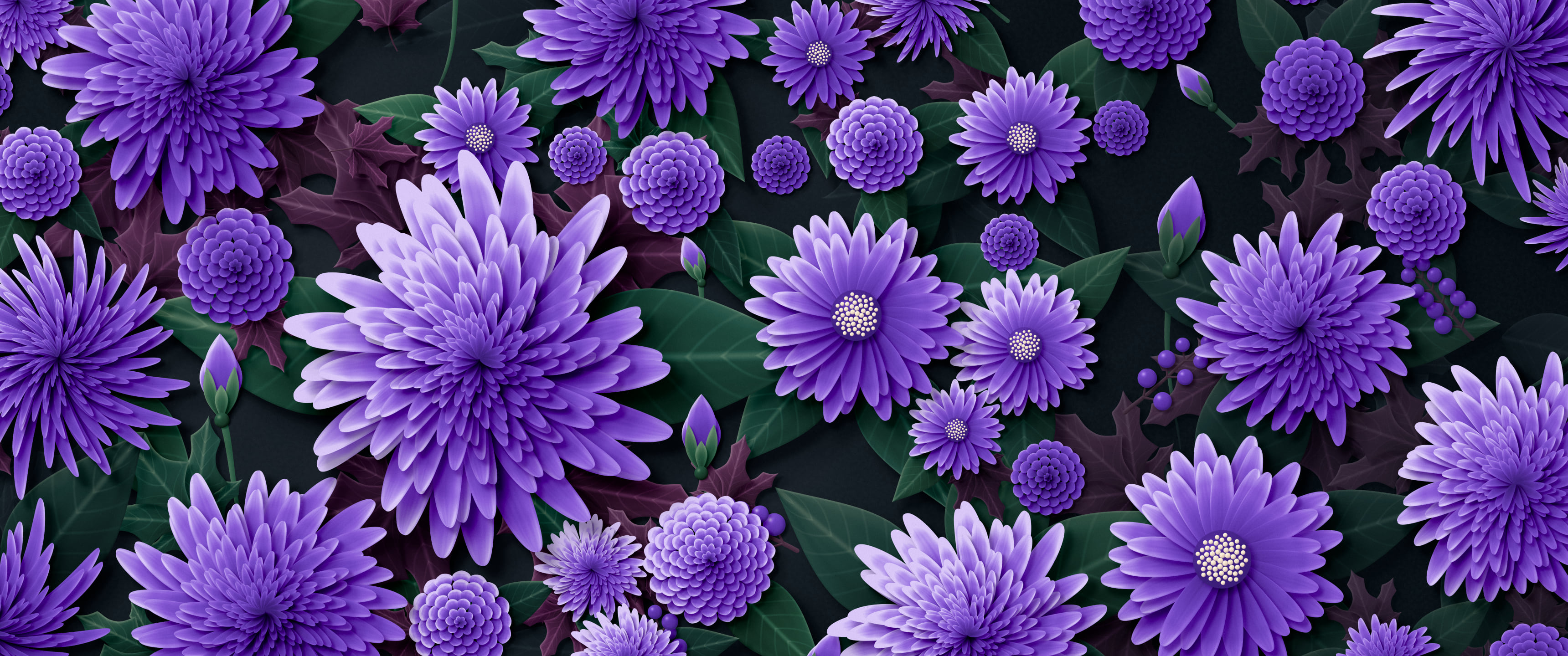 Purple Paper Chrysanthemums ultrawide wallpaper, 3440 × 1440