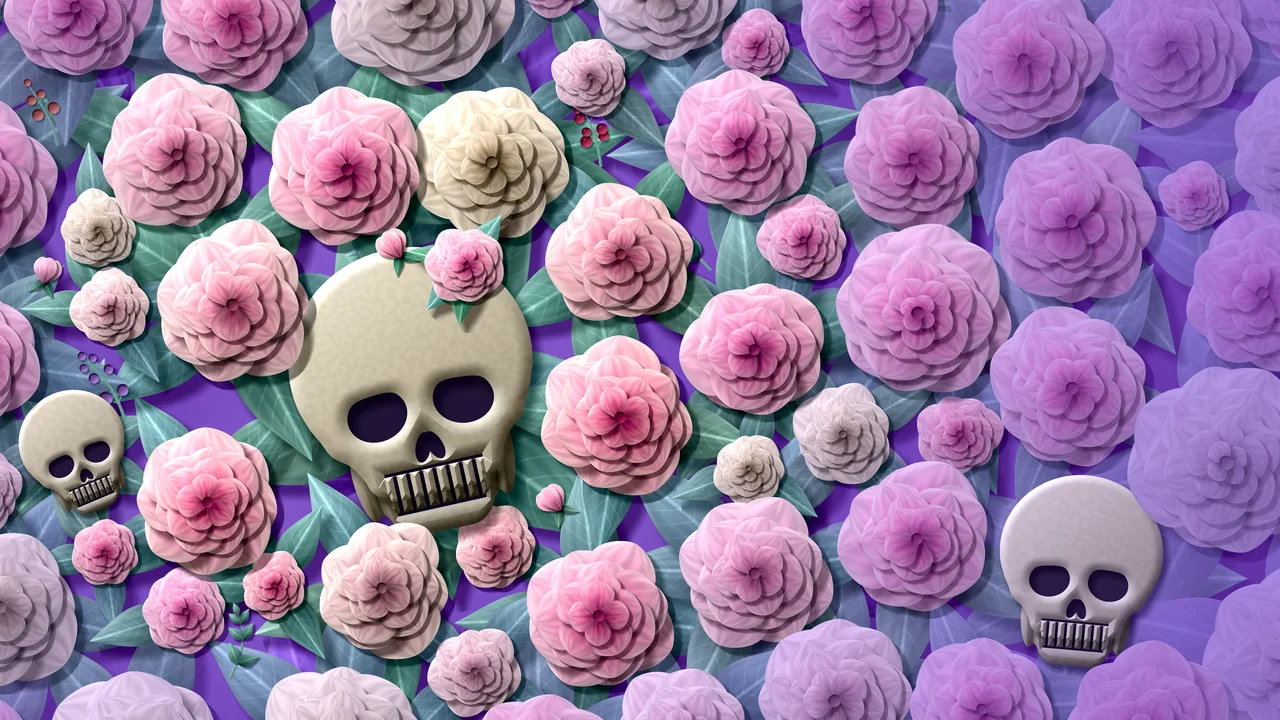 Purple Paper Skulls and Roses desktop wallpaper in 4K