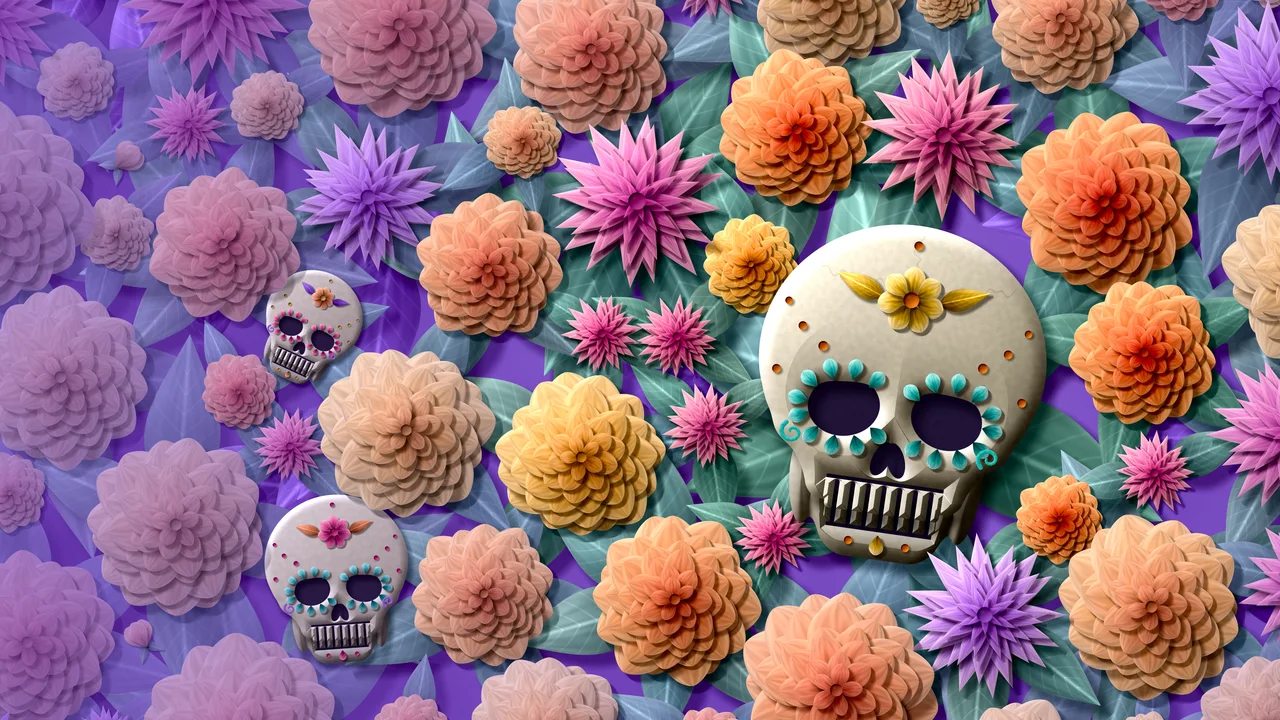 Purple Paper Sugar Skull and Marigolds desktop wallpaper in 4K