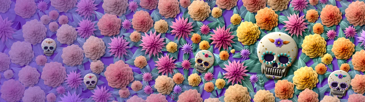 Purple Paper Sugar Skull and Marigolds dual monitor wallpaper, 7680 × 2160