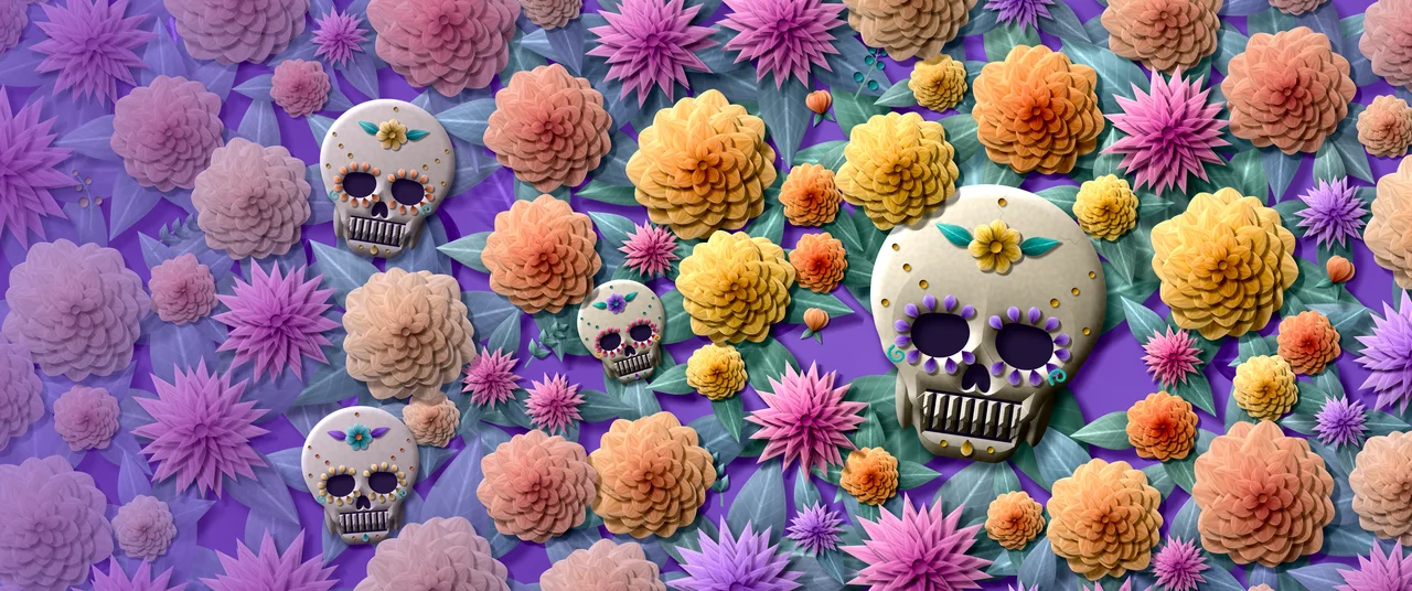 Purple Paper Sugar Skull and Marigolds ultrawide wallpaper, 3440 × 1440