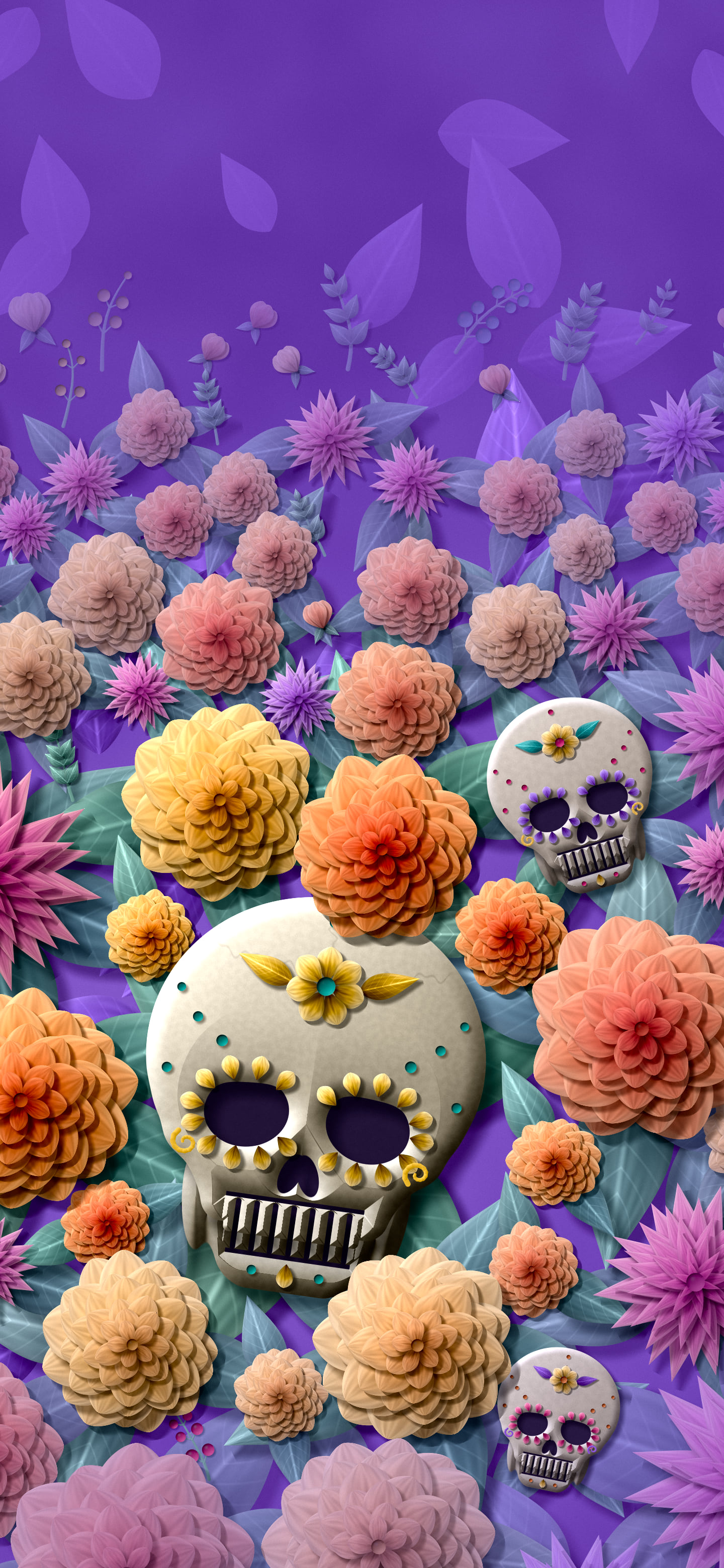 Purple Paper Sugar Skull and Marigolds wallpaper for iPhone and Android