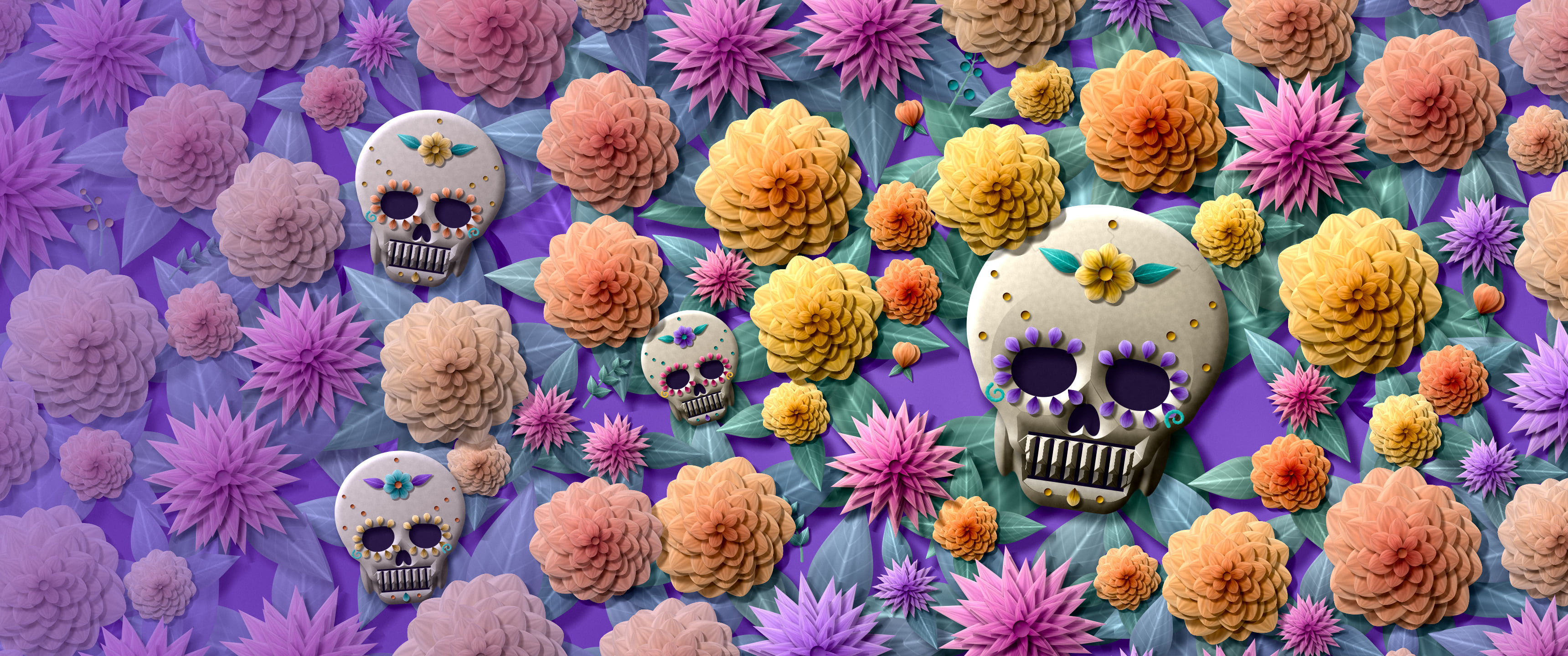 Purple Paper Sugar Skull and Marigolds ultrawide wallpaper, 3440 × 1440