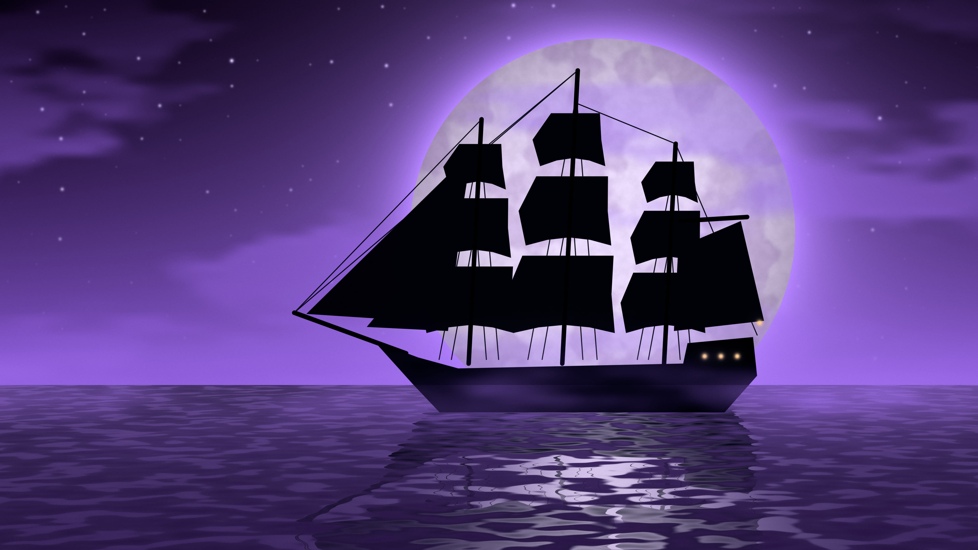 Purple Pirate Ship and Full Moon desktop wallpaper in 4K