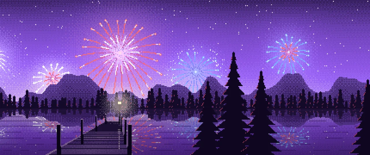 Purple Pixel Art 4th of July Fireworks ultrawide wallpaper, 3440 × 1440