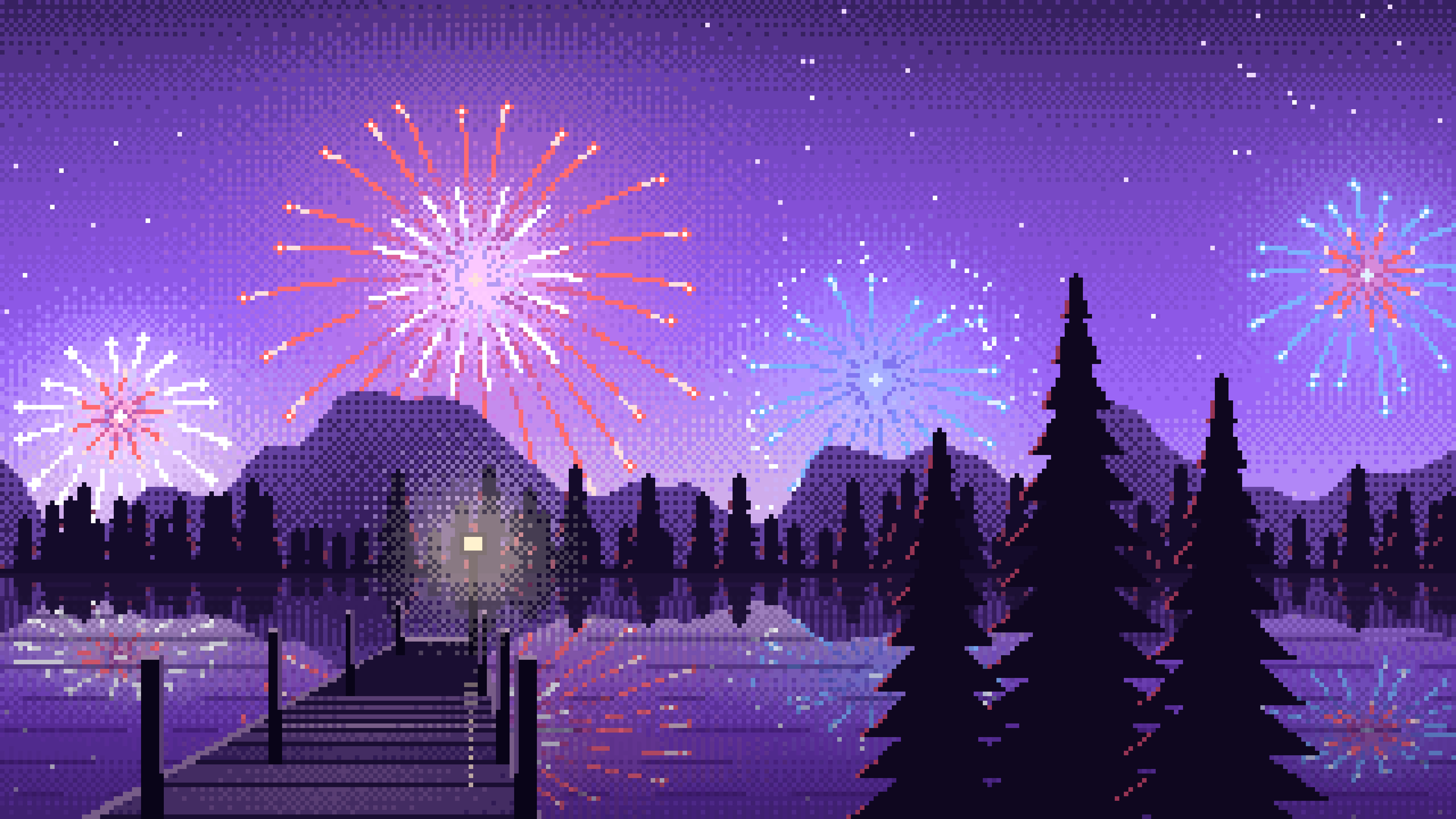 Purple Pixel Art 4th of July Fireworks desktop wallpaper in 4K