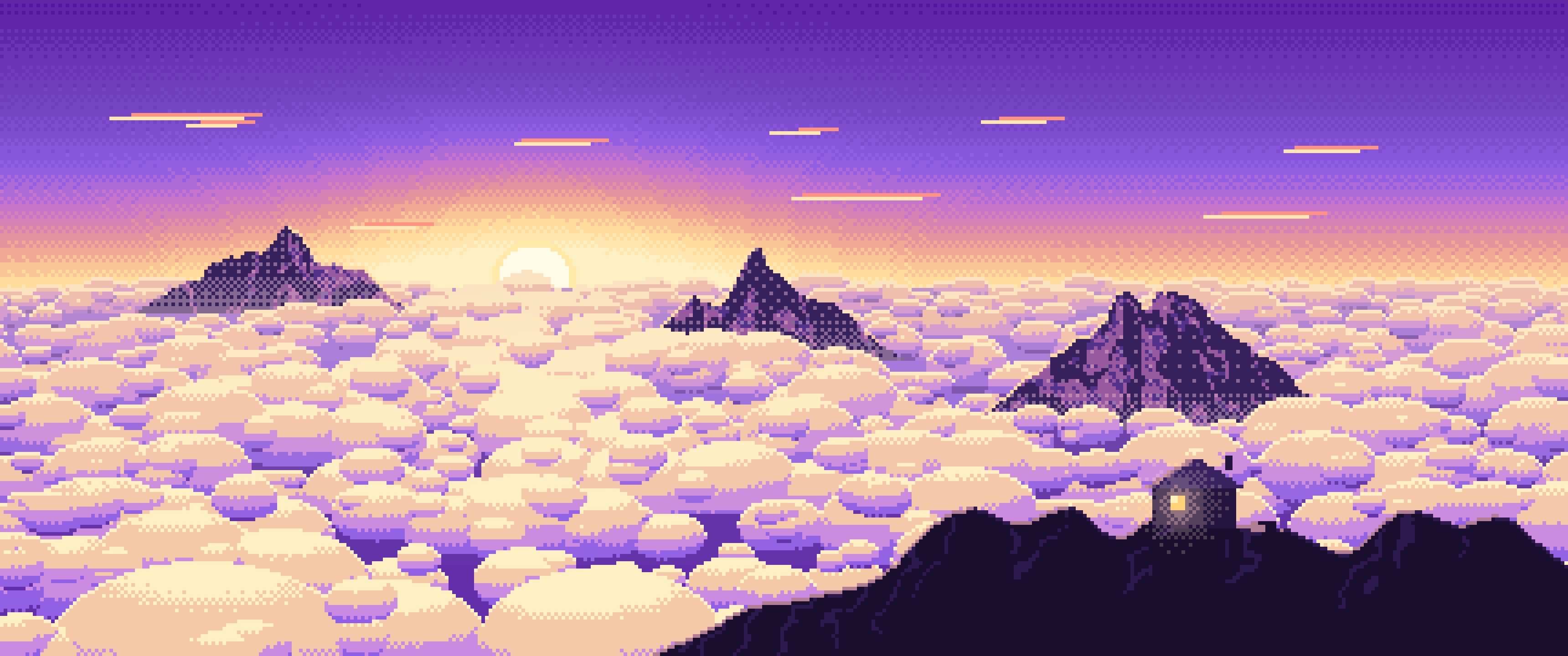 Purple Pixel Art Above the Clouds at Sunrise ultrawide wallpaper, 3440 × 1440