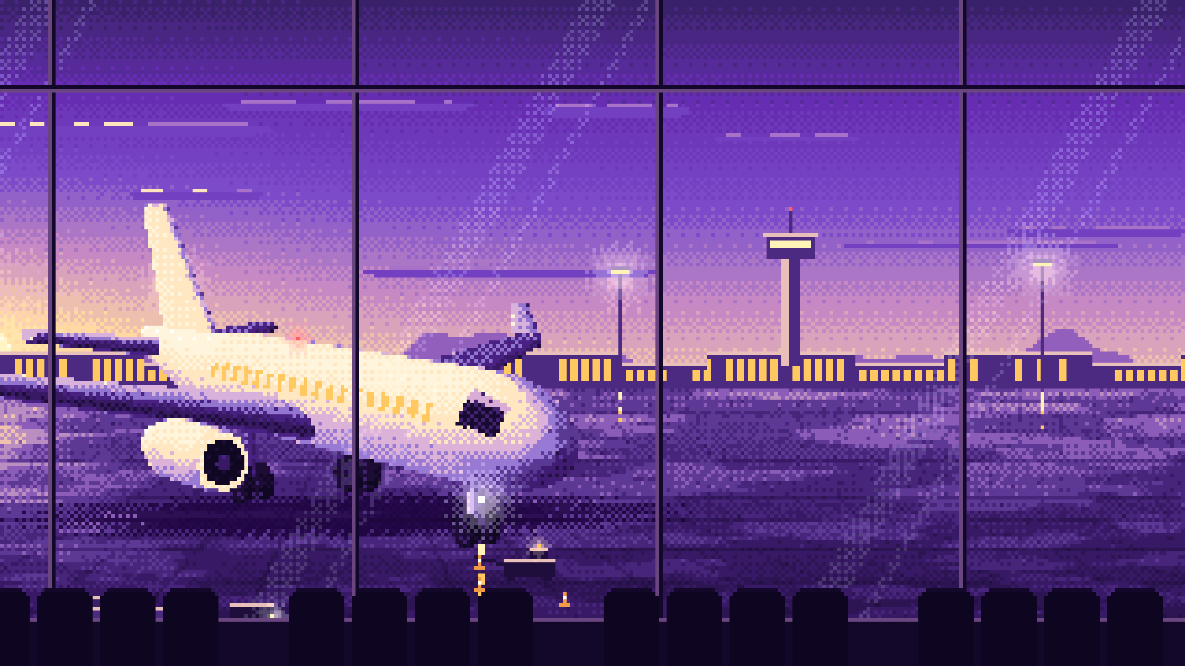 Purple Pixel Art Airplane at the Airport at Dusk desktop wallpaper in 4K