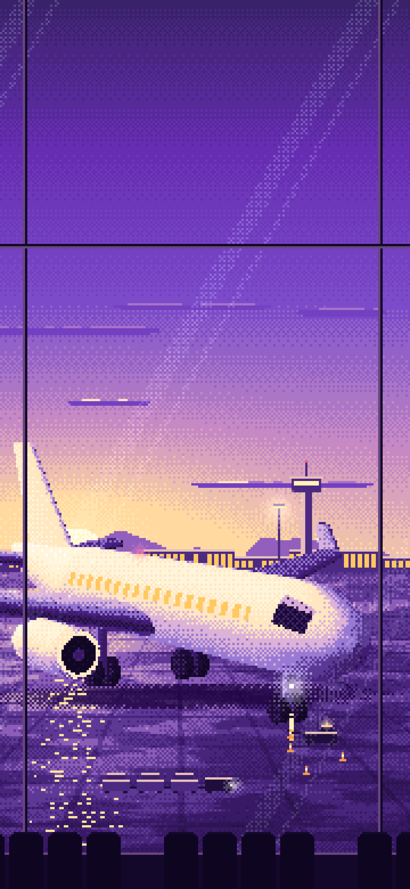 Purple Pixel Art Airplane at the Airport at Dusk wallpaper for iPhone and Android
