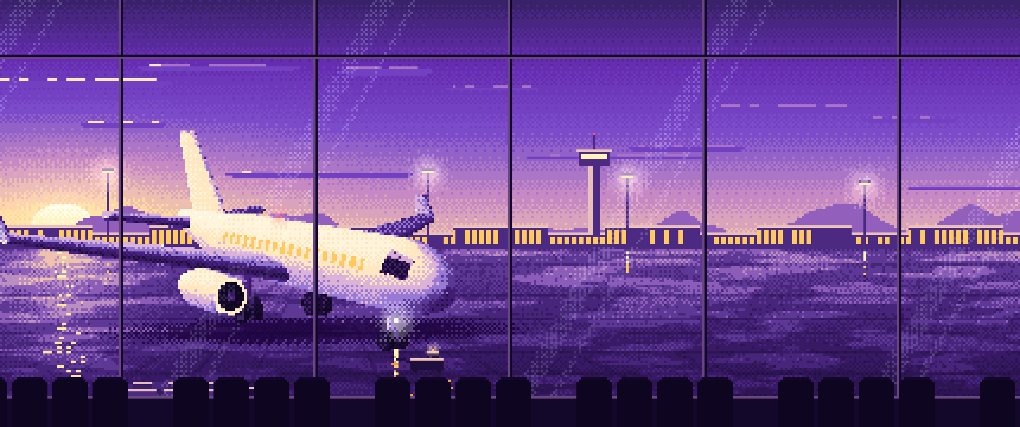 Purple Pixel Art Airplane at the Airport at Dusk ultrawide wallpaper, 3440 × 1440