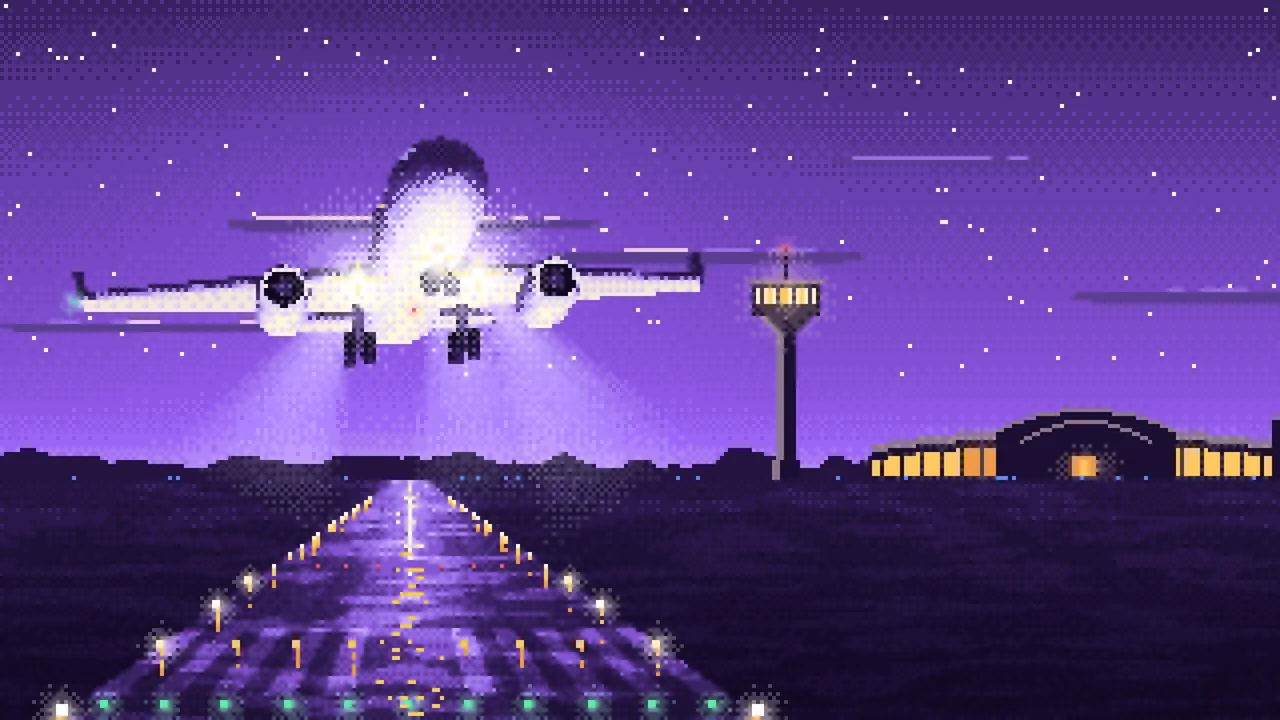Purple Pixel Art Airplane Landing at Night desktop wallpaper in 4K