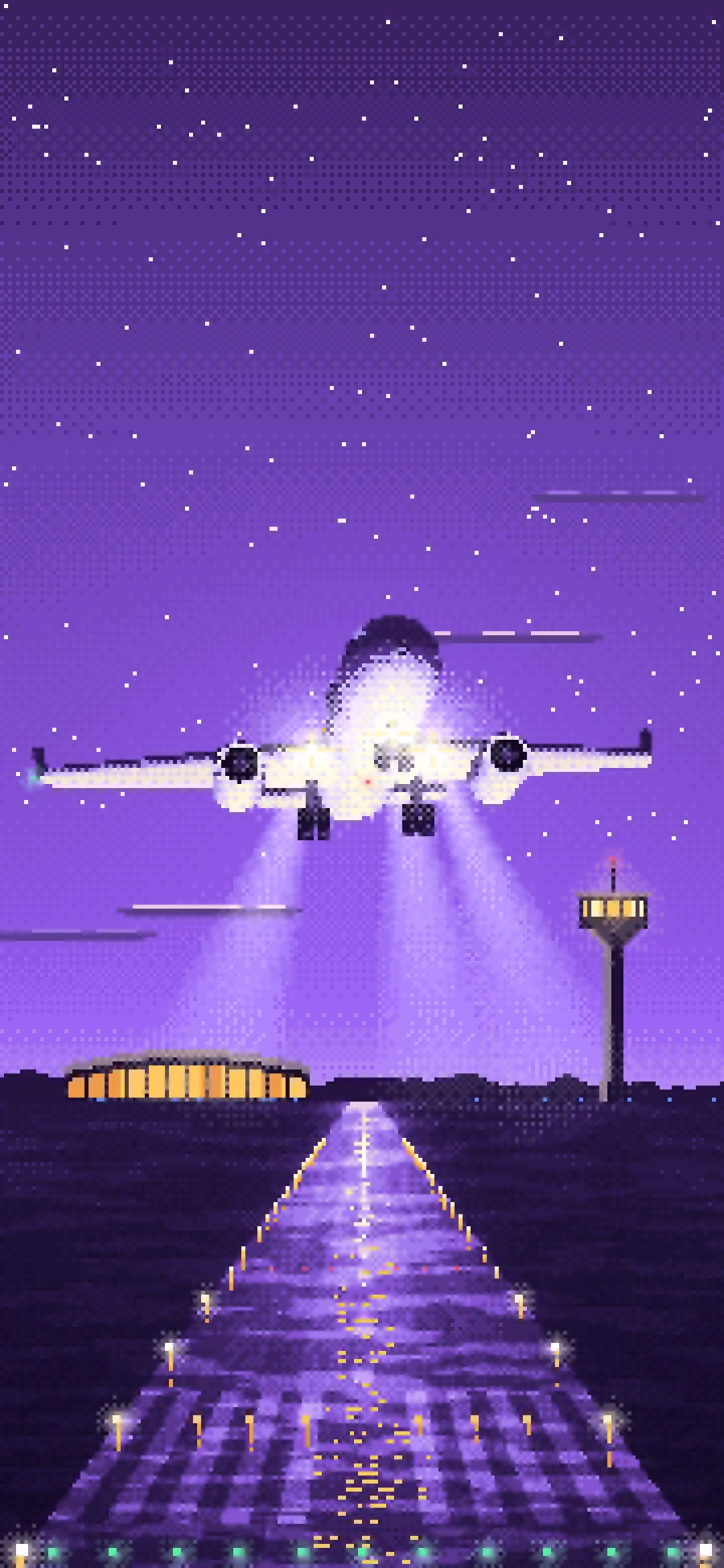Purple Pixel Art Airplane Landing at Night wallpaper for iPhone and Android