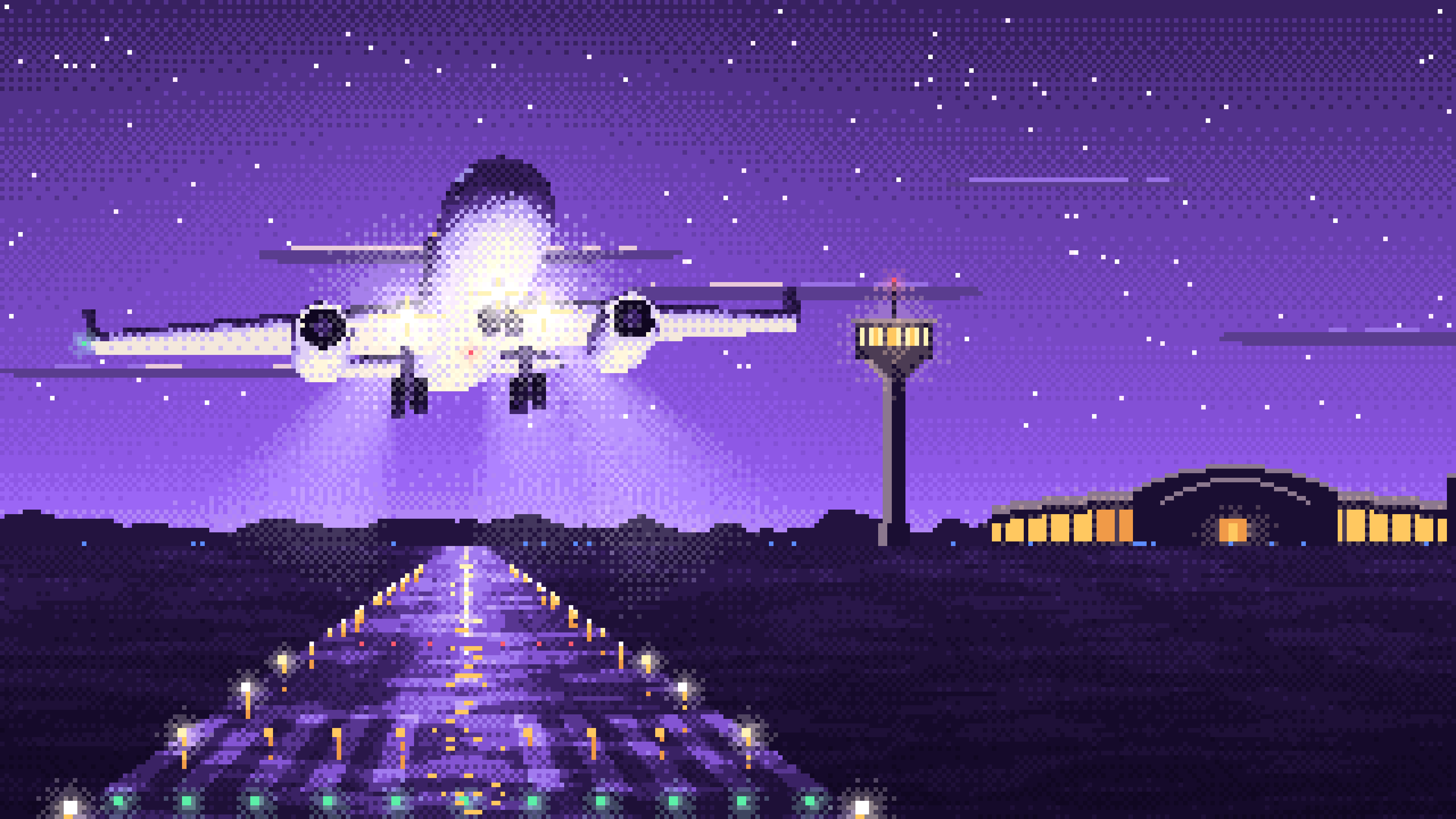 Purple Pixel Art Airplane Landing at Night desktop wallpaper in 4K