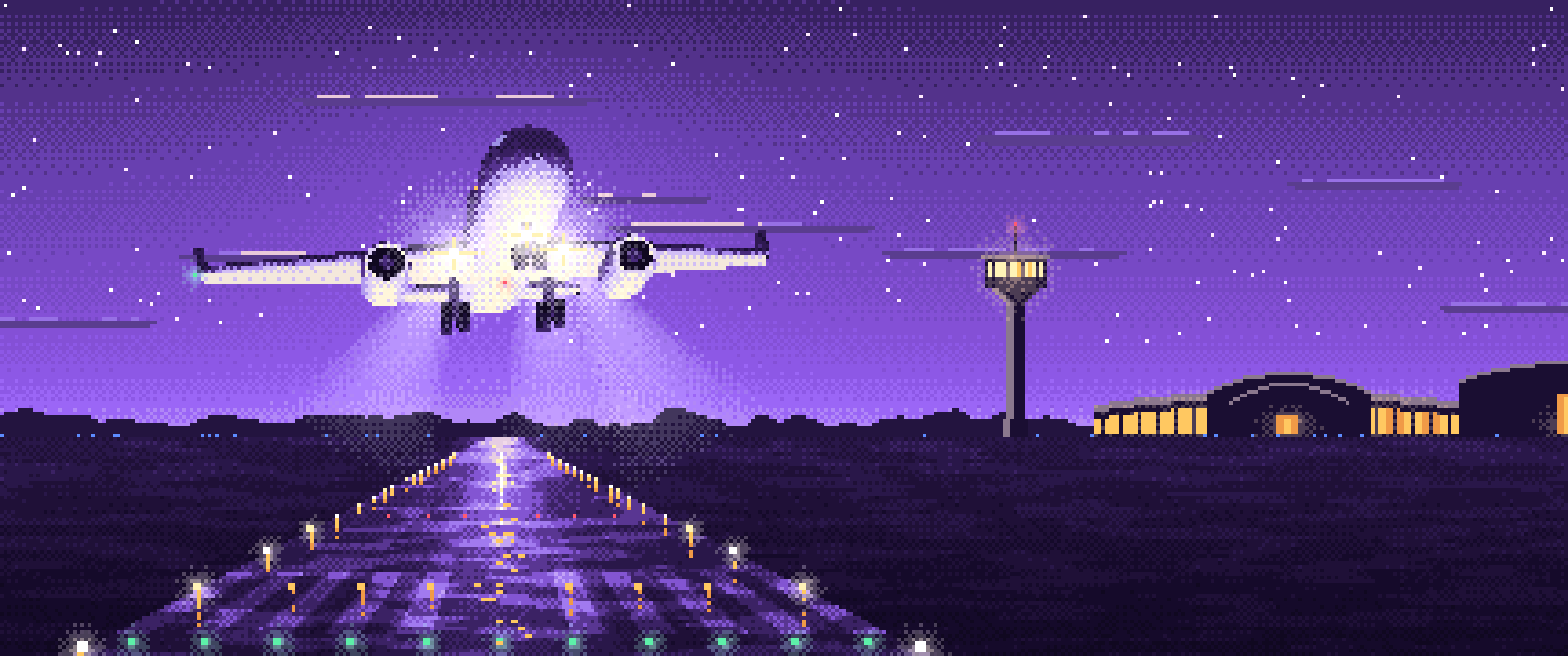 Purple Pixel Art Airplane Landing at Night ultrawide wallpaper, 3440 × 1440