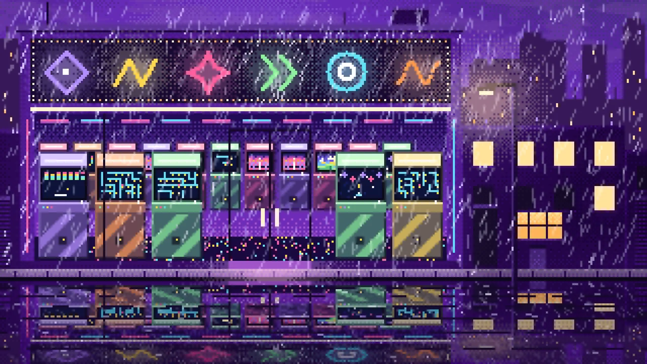 Purple Pixel Art Arcade at Night in the Rain desktop wallpaper in 4K