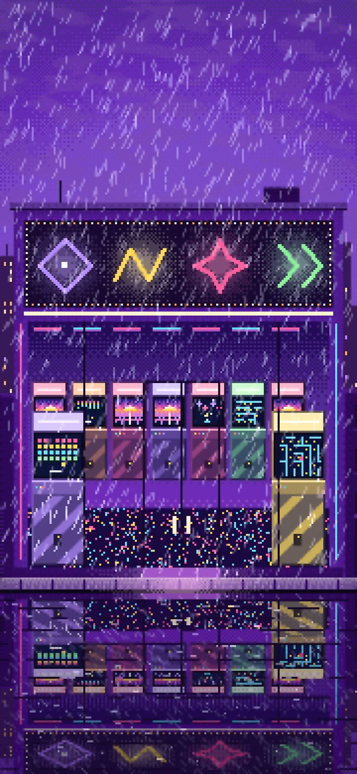 Purple Pixel Art Arcade at Night in the Rain wallpaper for iPhone and Android
