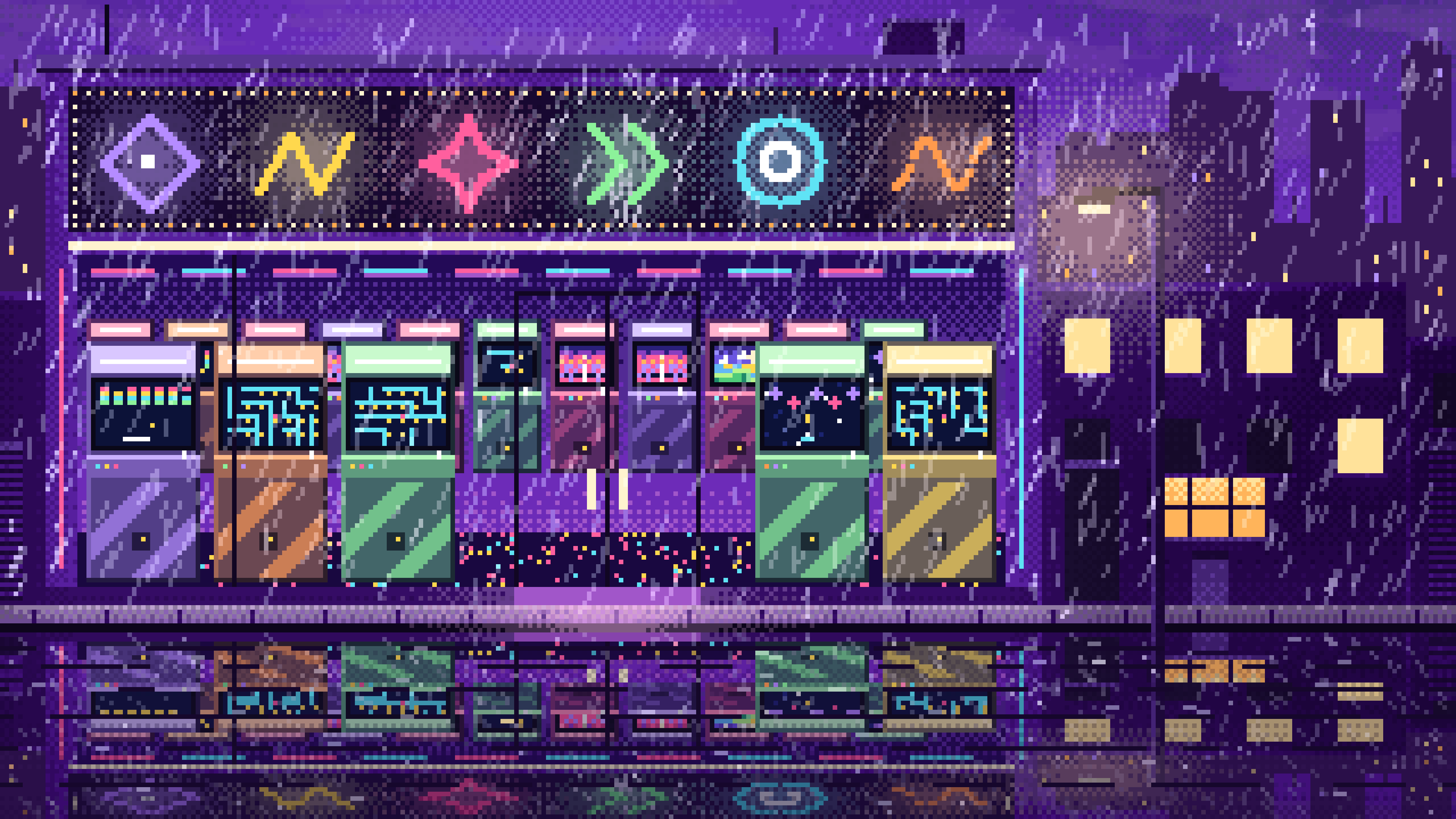 Purple Pixel Art Arcade at Night in the Rain desktop wallpaper in 4K
