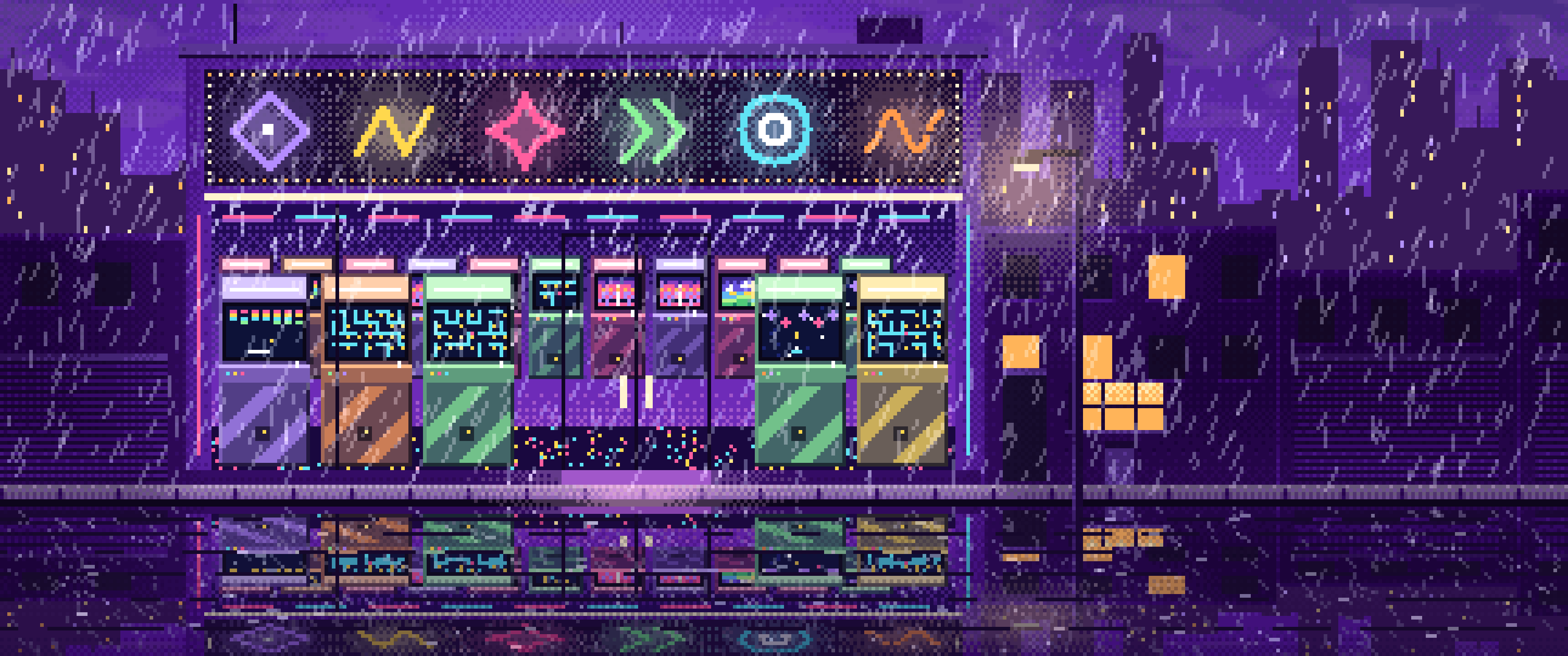 Purple Pixel Art Arcade at Night in the Rain ultrawide wallpaper, 3440 × 1440