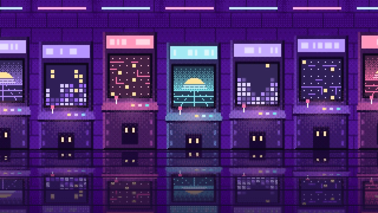 Purple Pixel Art Arcade desktop wallpaper in 4K