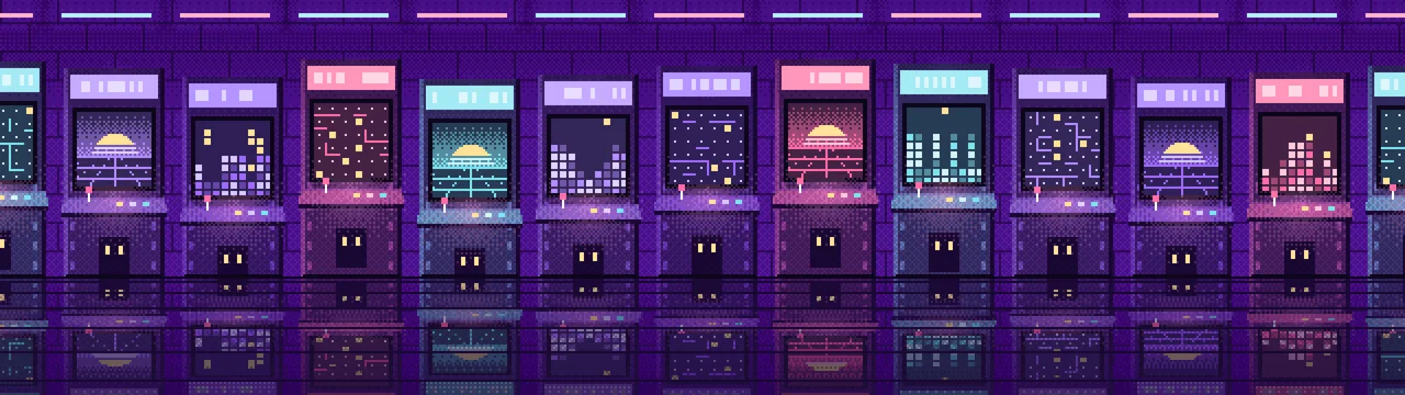 Purple Pixel Art Arcade dual monitor wallpaper, 7680 × 2160