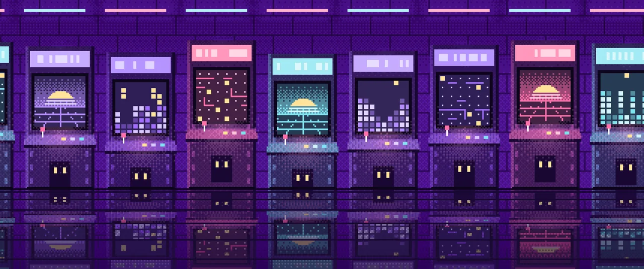 Purple Pixel Art Arcade ultrawide wallpaper, 3440 × 1440