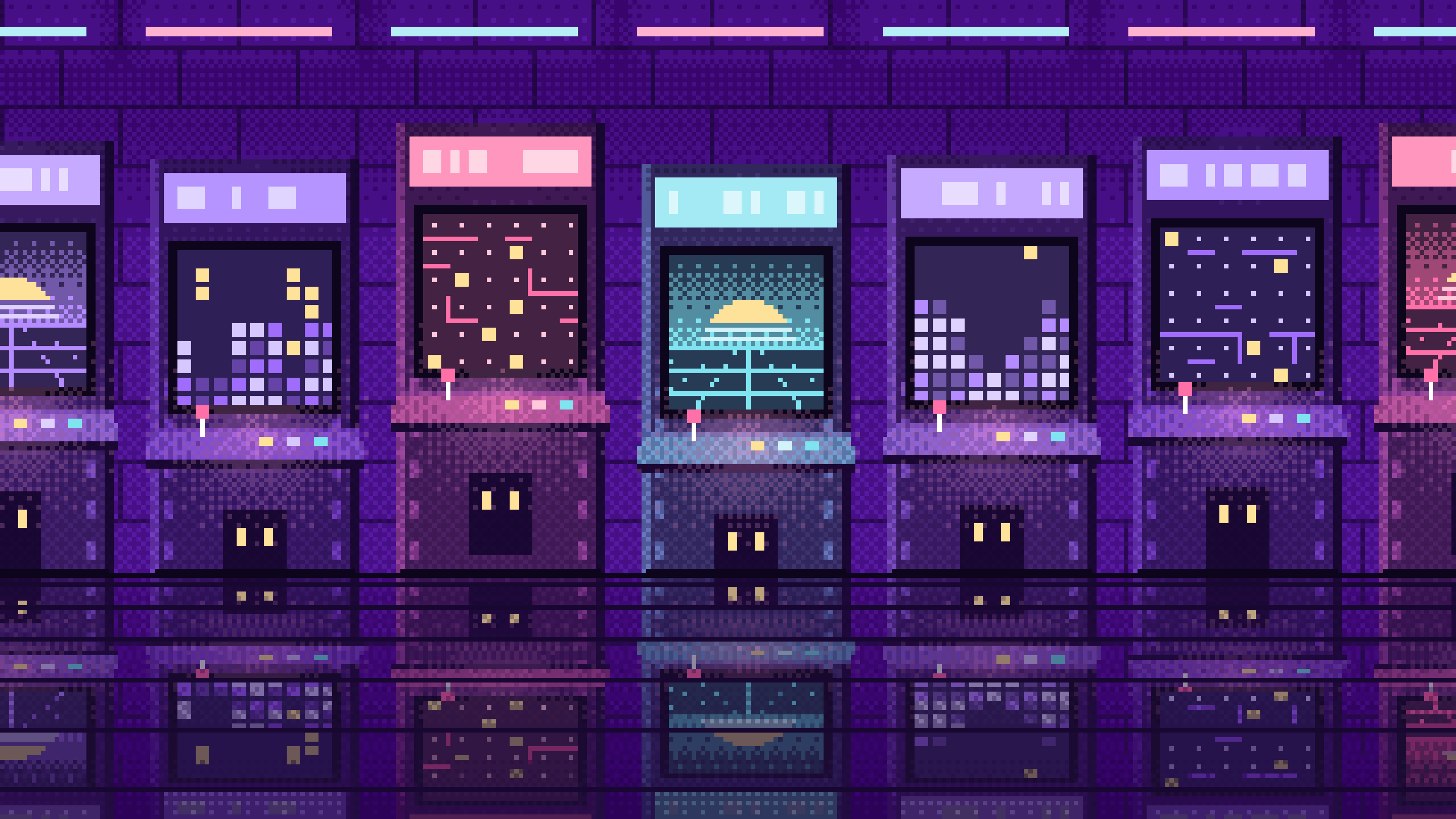Purple Pixel Art Arcade desktop wallpaper in 4K
