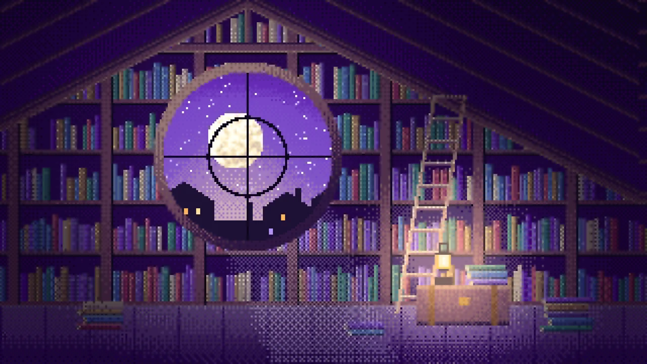 Purple Pixel Art Attic Library and Moon desktop wallpaper in 4K