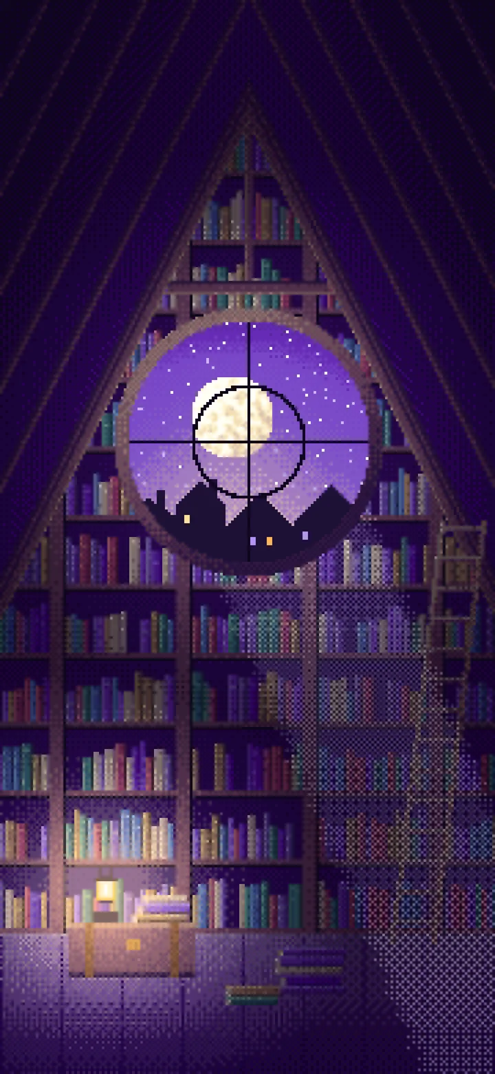 Purple Pixel Art Attic Library and Moon wallpaper for iPhone and Android