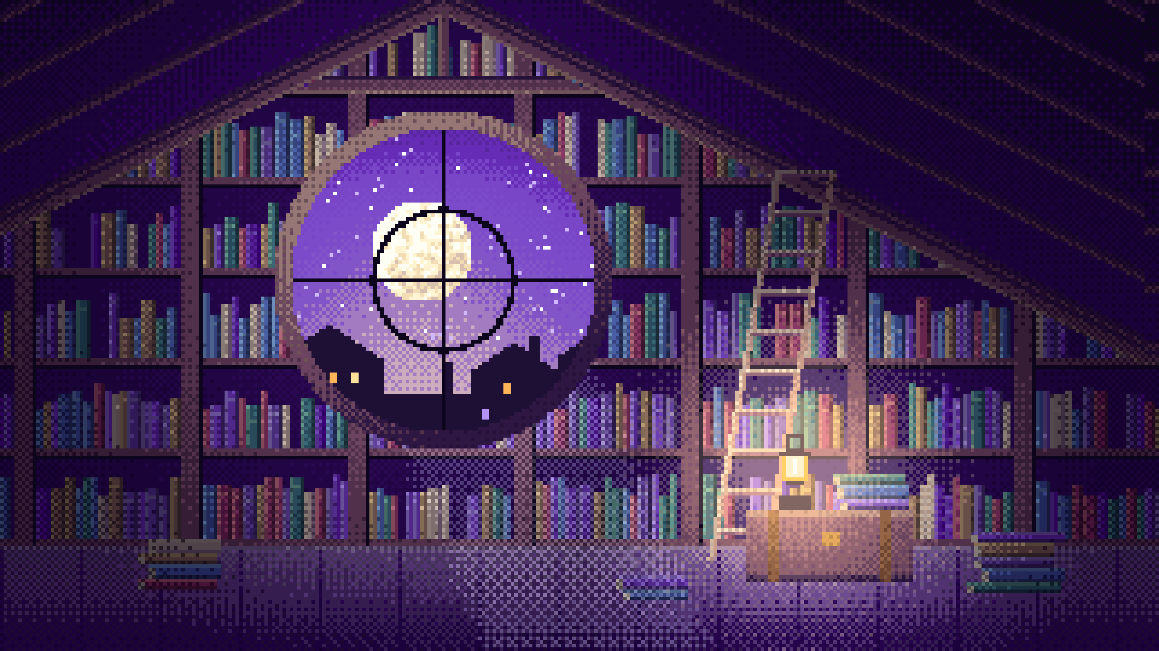 Purple Pixel Art Attic Library and Moon desktop wallpaper in 4K