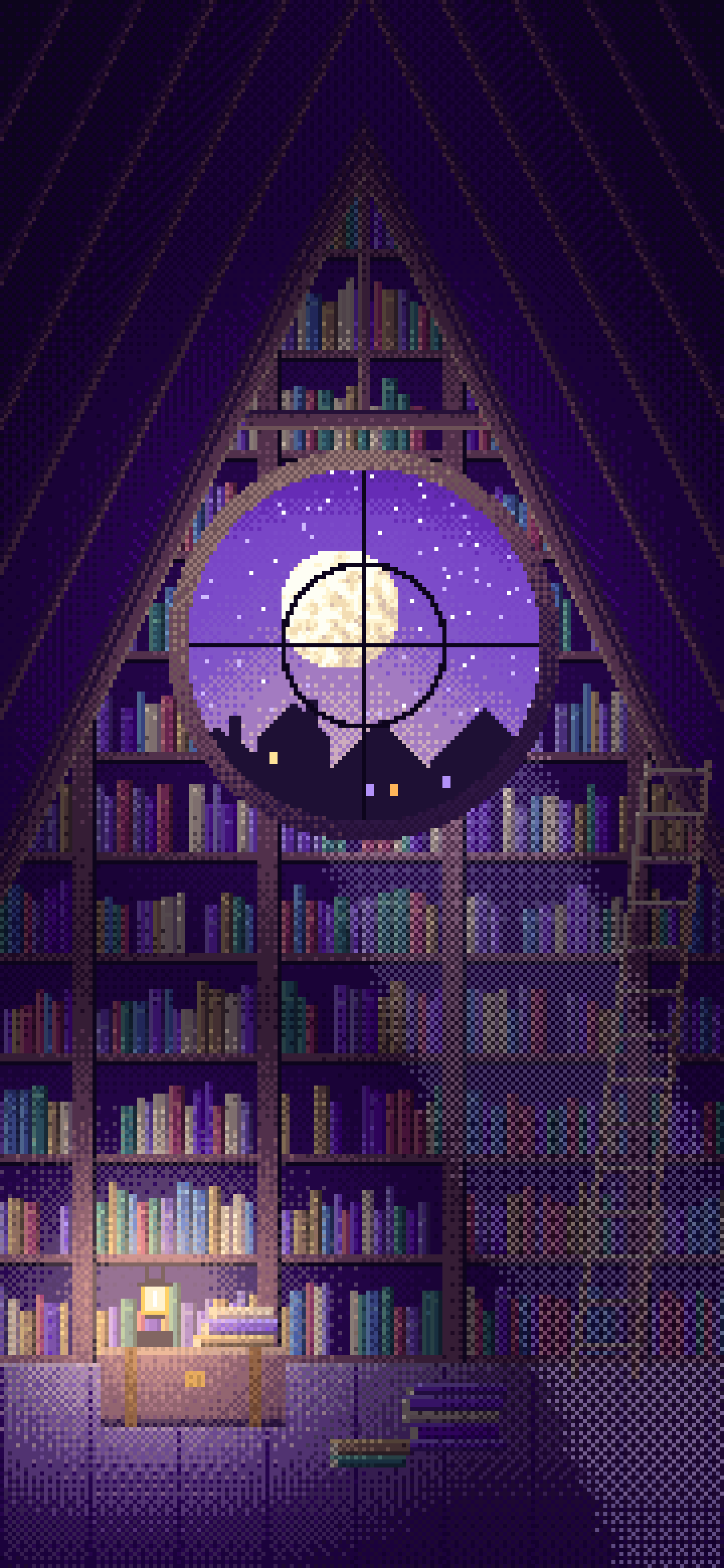 Purple Pixel Art Attic Library and Moon wallpaper for iPhone and Android