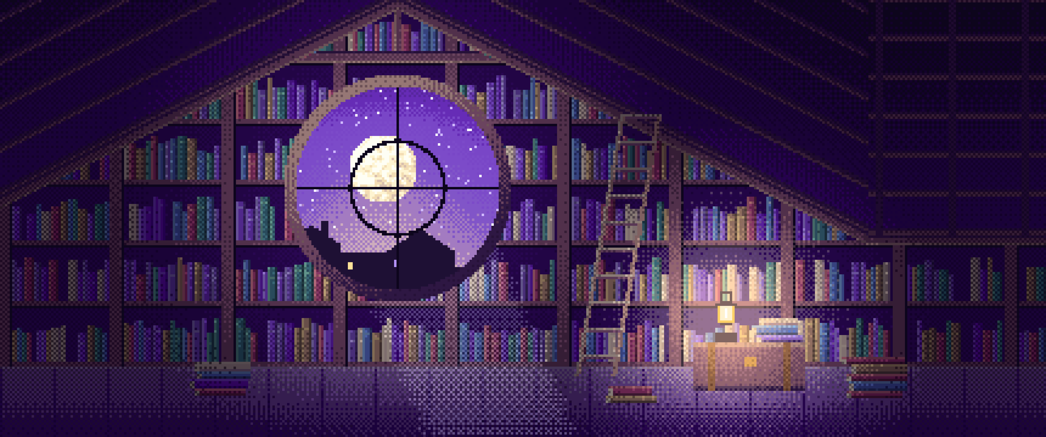 Purple Pixel Art Attic Library and Moon ultrawide wallpaper, 3440 × 1440