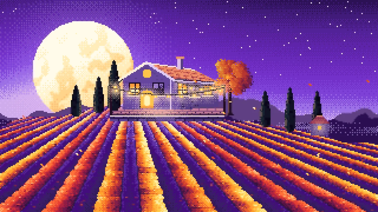 Purple Pixel Art Autumn Vineyard under a Harvest Moon desktop wallpaper in 4K
