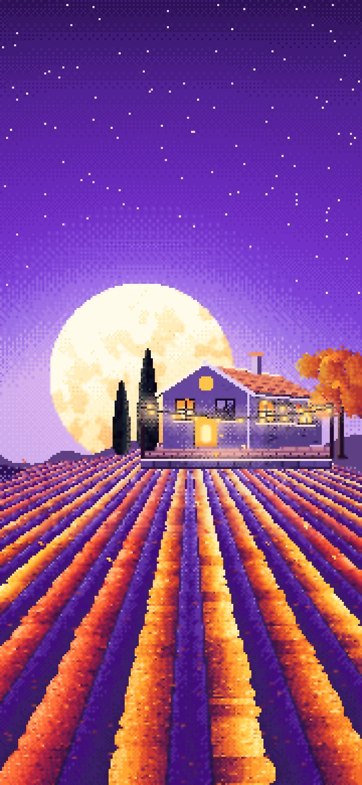 Purple Pixel Art Autumn Vineyard under a Harvest Moon wallpaper for iPhone and Android