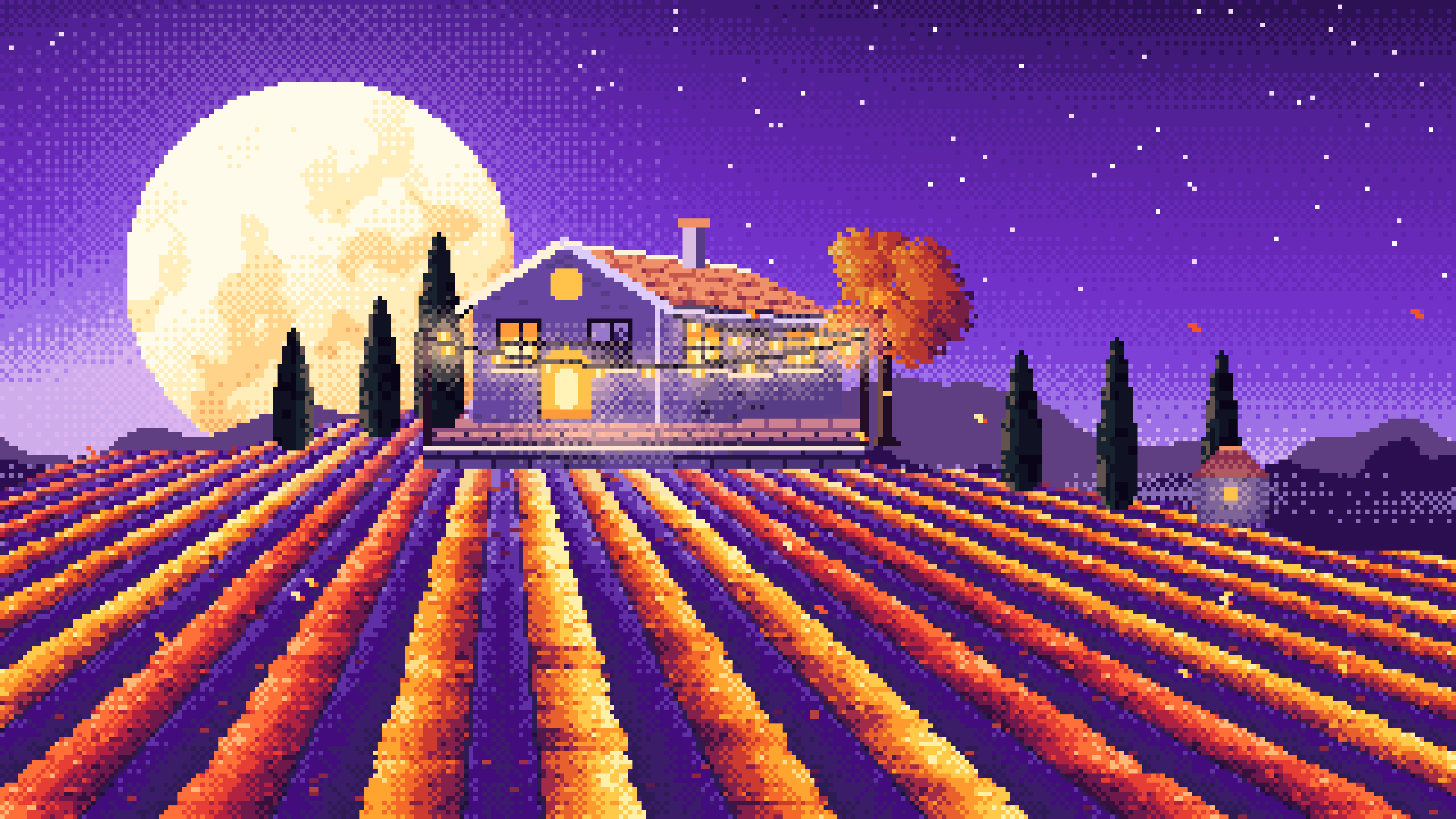 Purple Pixel Art Autumn Vineyard under a Harvest Moon desktop wallpaper in 4K