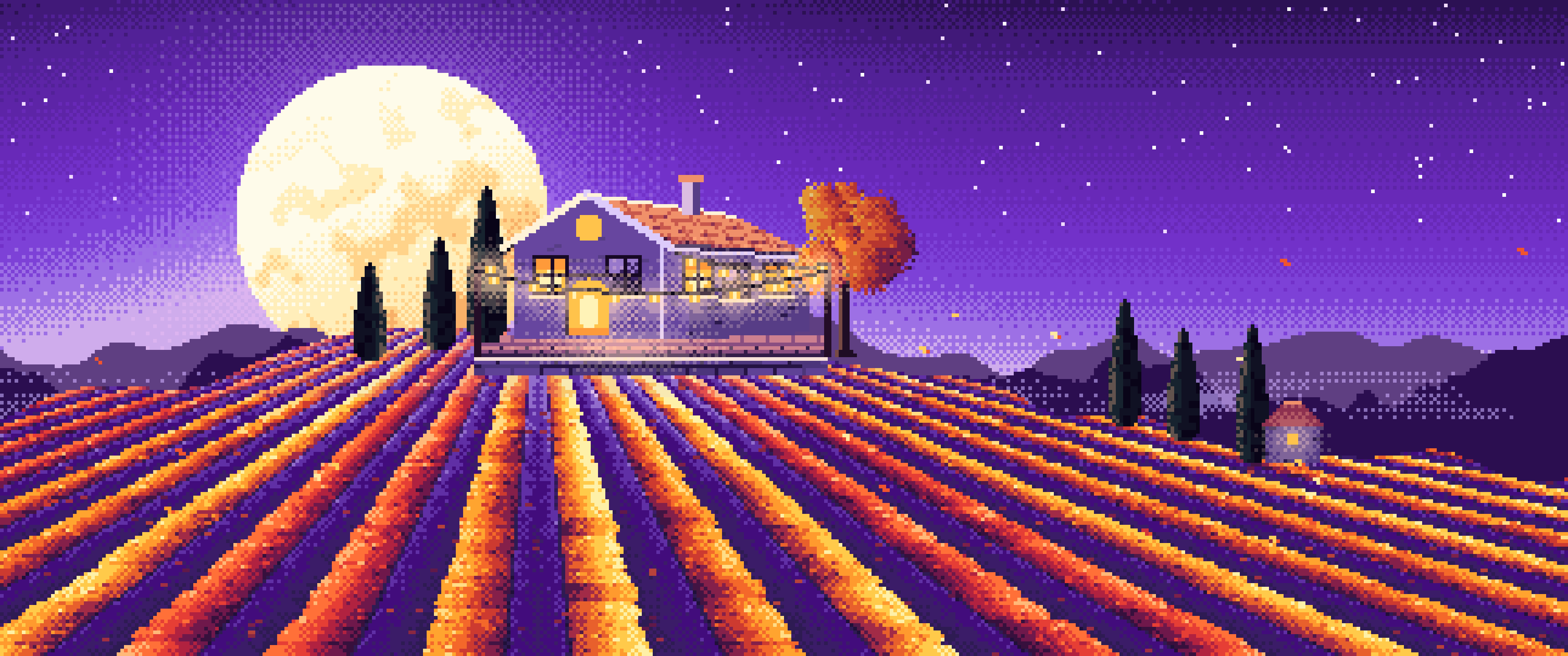 Purple Pixel Art Autumn Vineyard under a Harvest Moon ultrawide wallpaper, 3440 × 1440