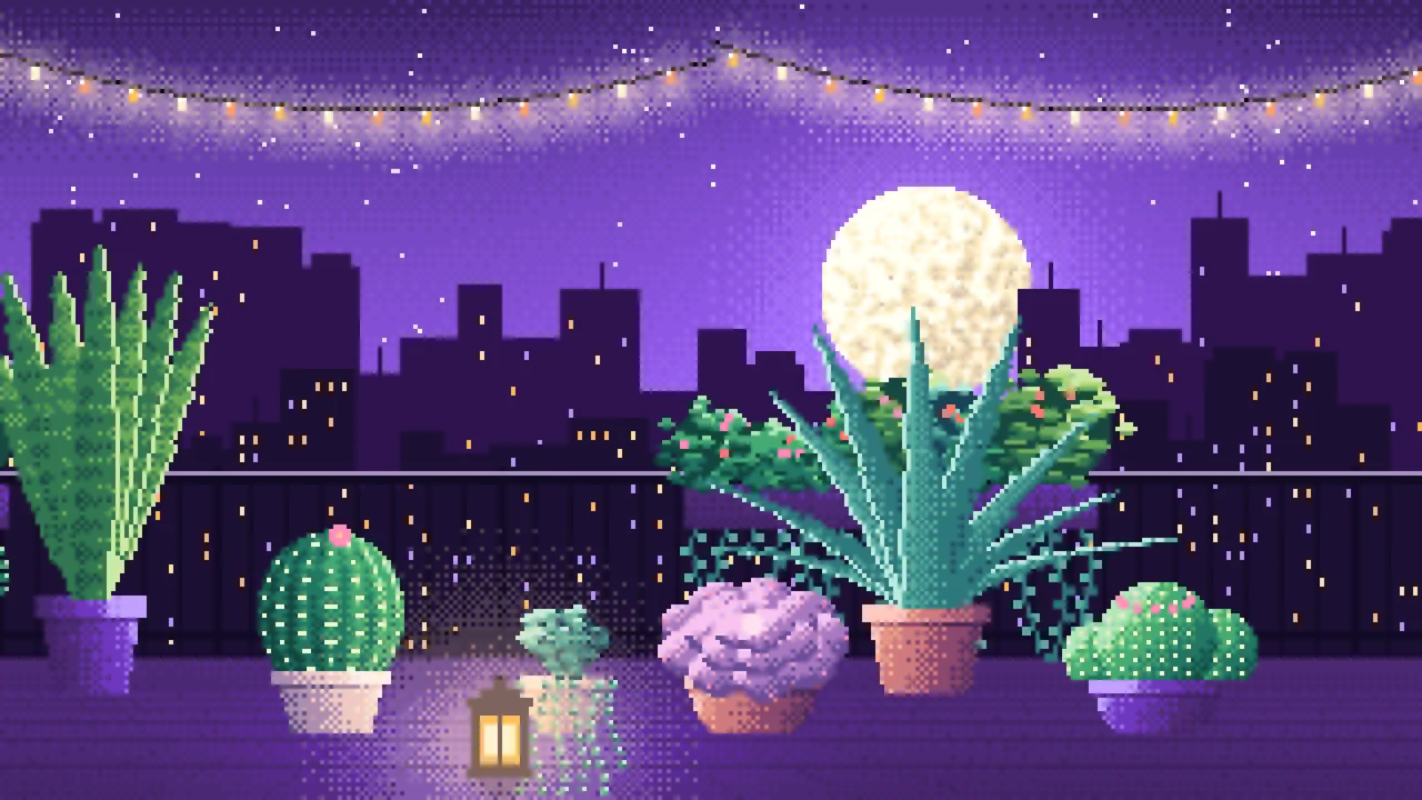 Purple Pixel Art Balcony Garden at Night desktop wallpaper in 4K
