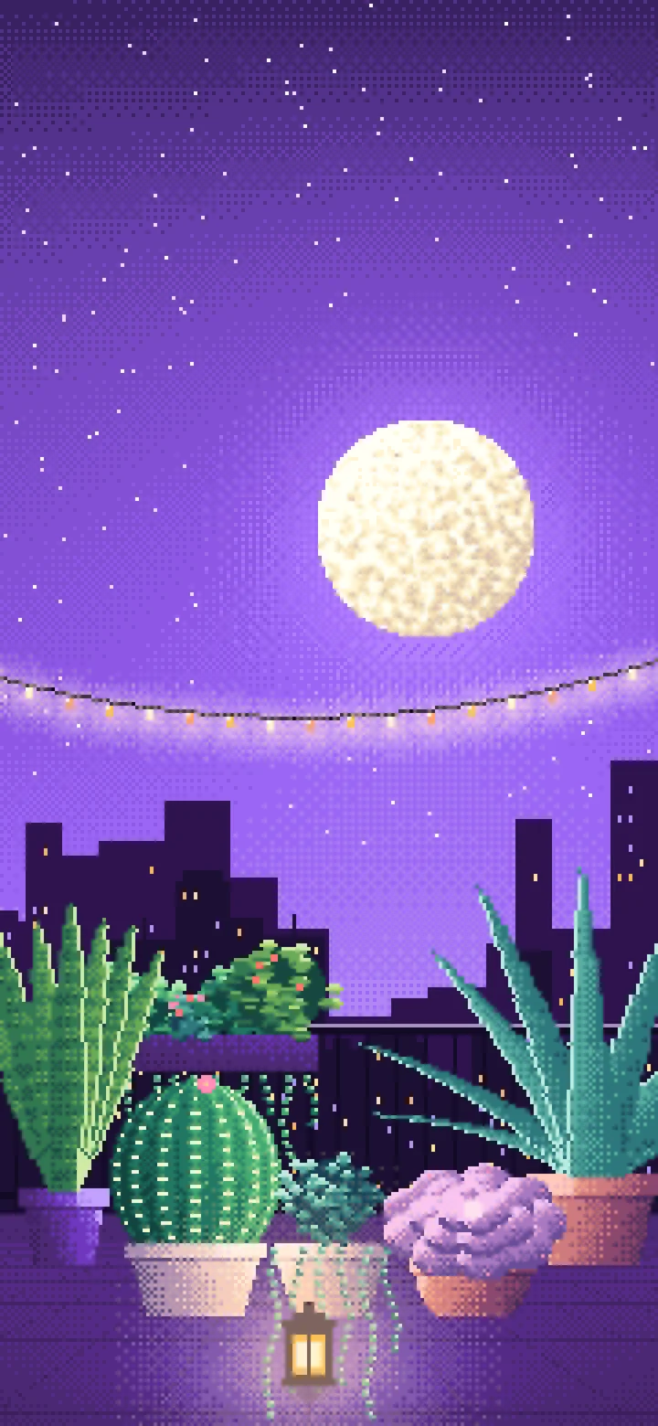 Purple Pixel Art Balcony Garden at Night wallpaper for iPhone and Android