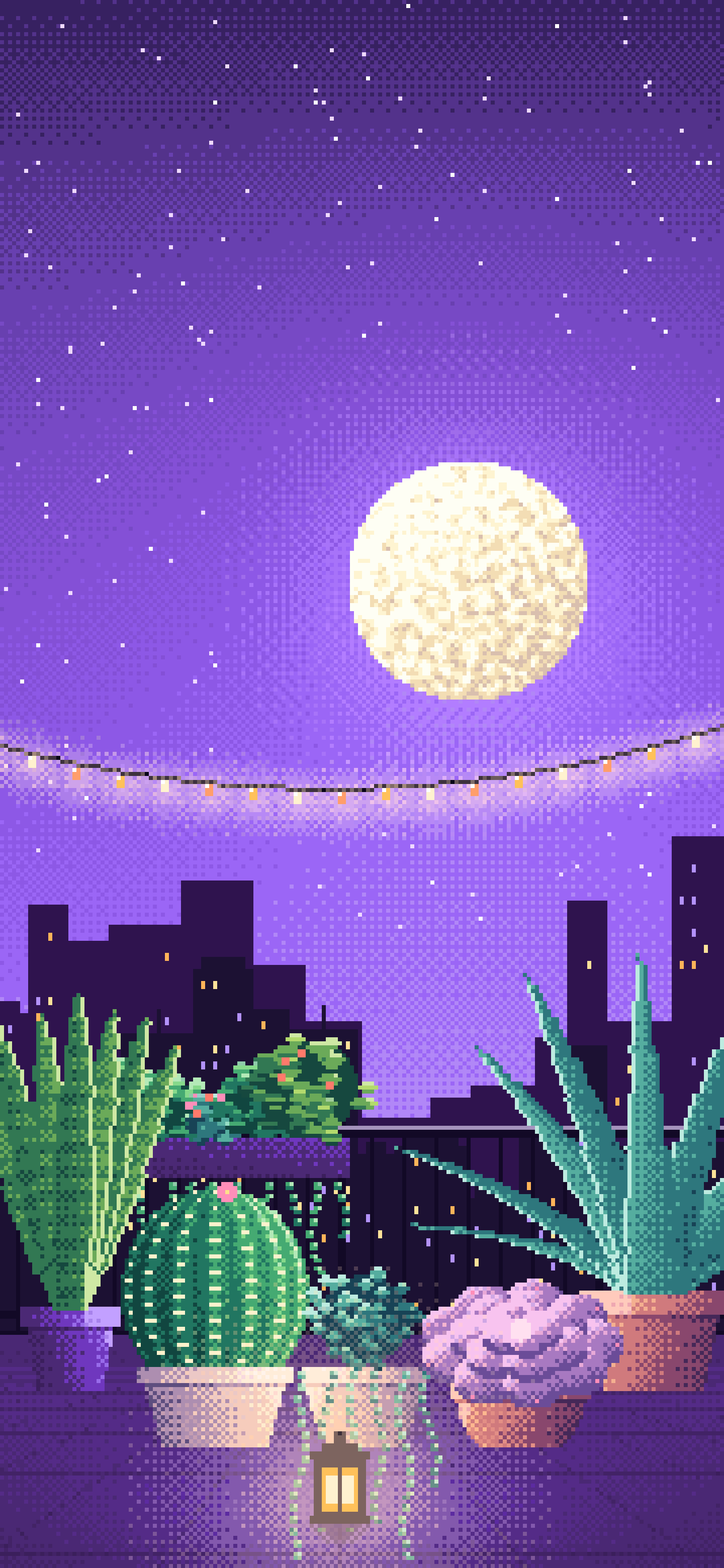 Purple Pixel Art Balcony Garden at Night wallpaper for iPhone and Android