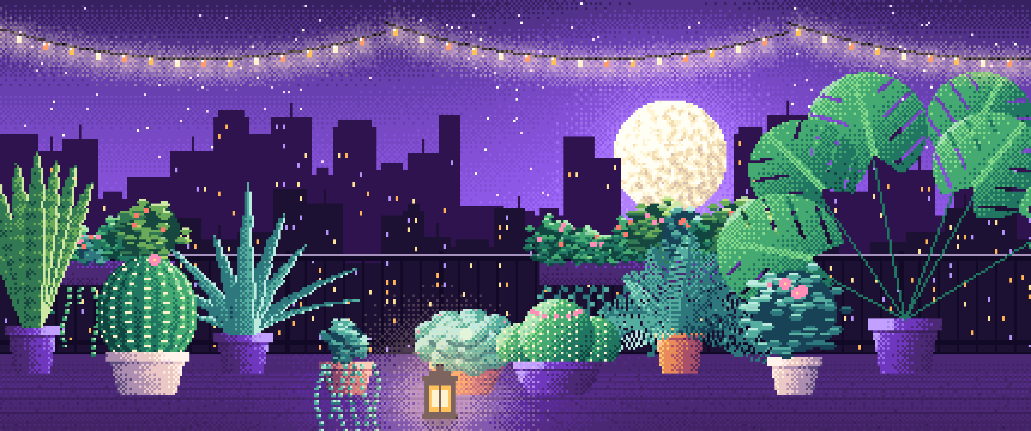 Purple Pixel Art Balcony Garden at Night ultrawide wallpaper, 3440 × 1440
