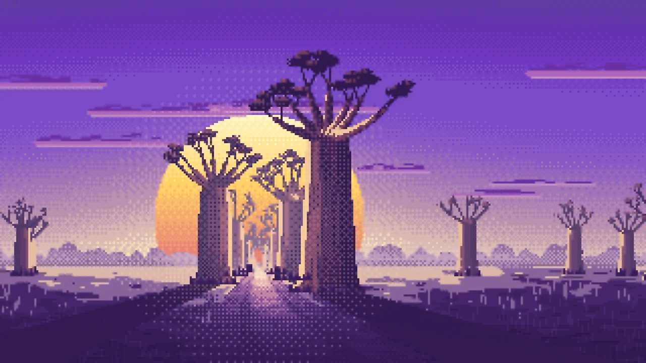 Purple Pixel Art Baobab Trees at Sunset desktop wallpaper in 4K