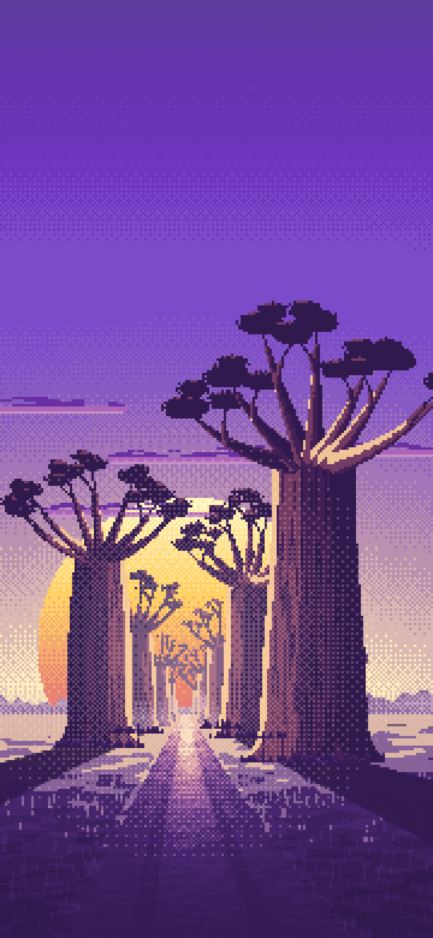 Purple Pixel Art Baobab Trees at Sunset wallpaper for iPhone and Android