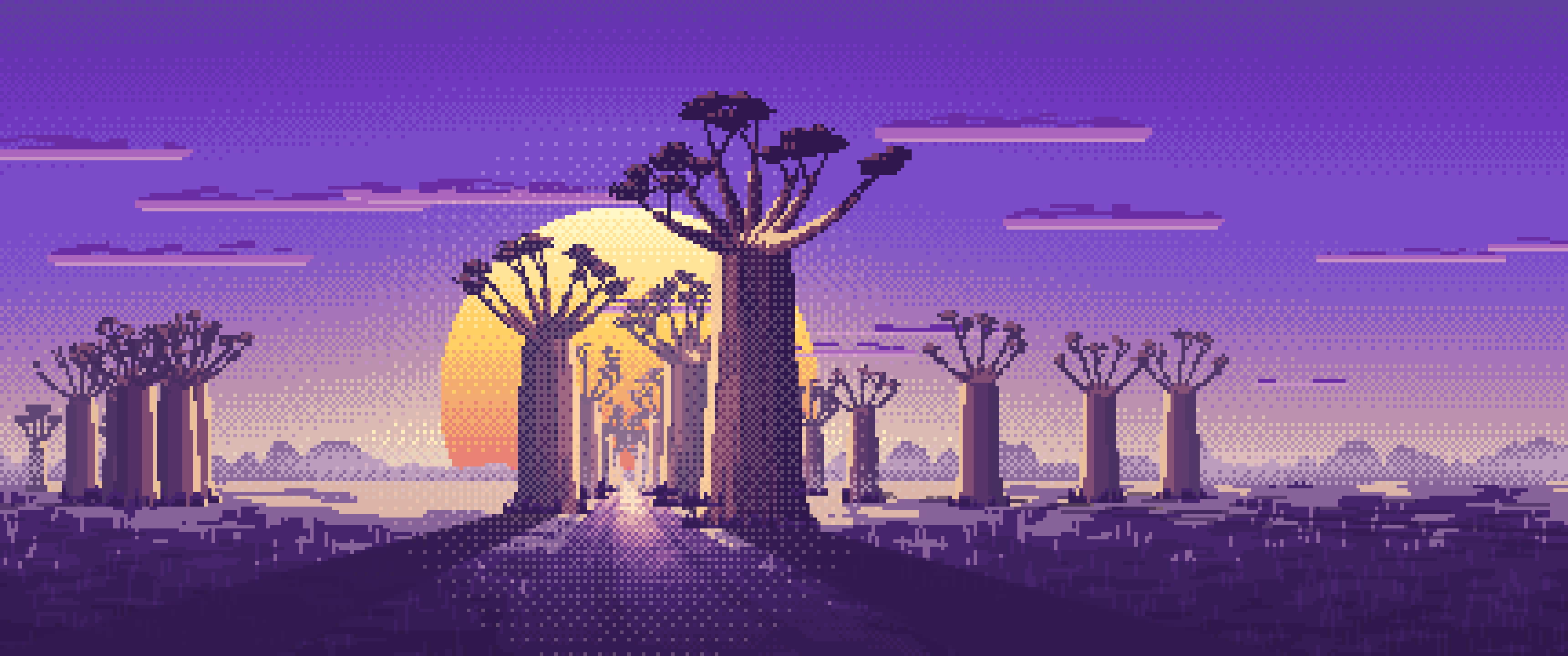 Purple Pixel Art Baobab Trees at Sunset ultrawide wallpaper, 3440 × 1440