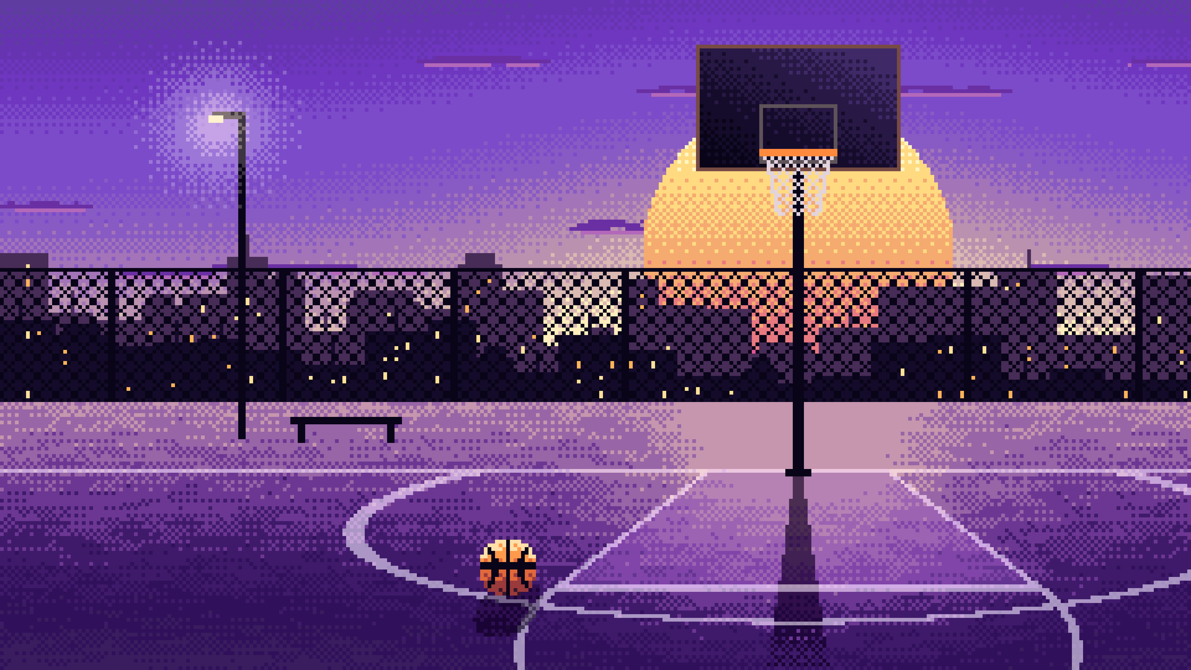 Purple Pixel Art Basketball Court at Sunset desktop wallpaper in 4K