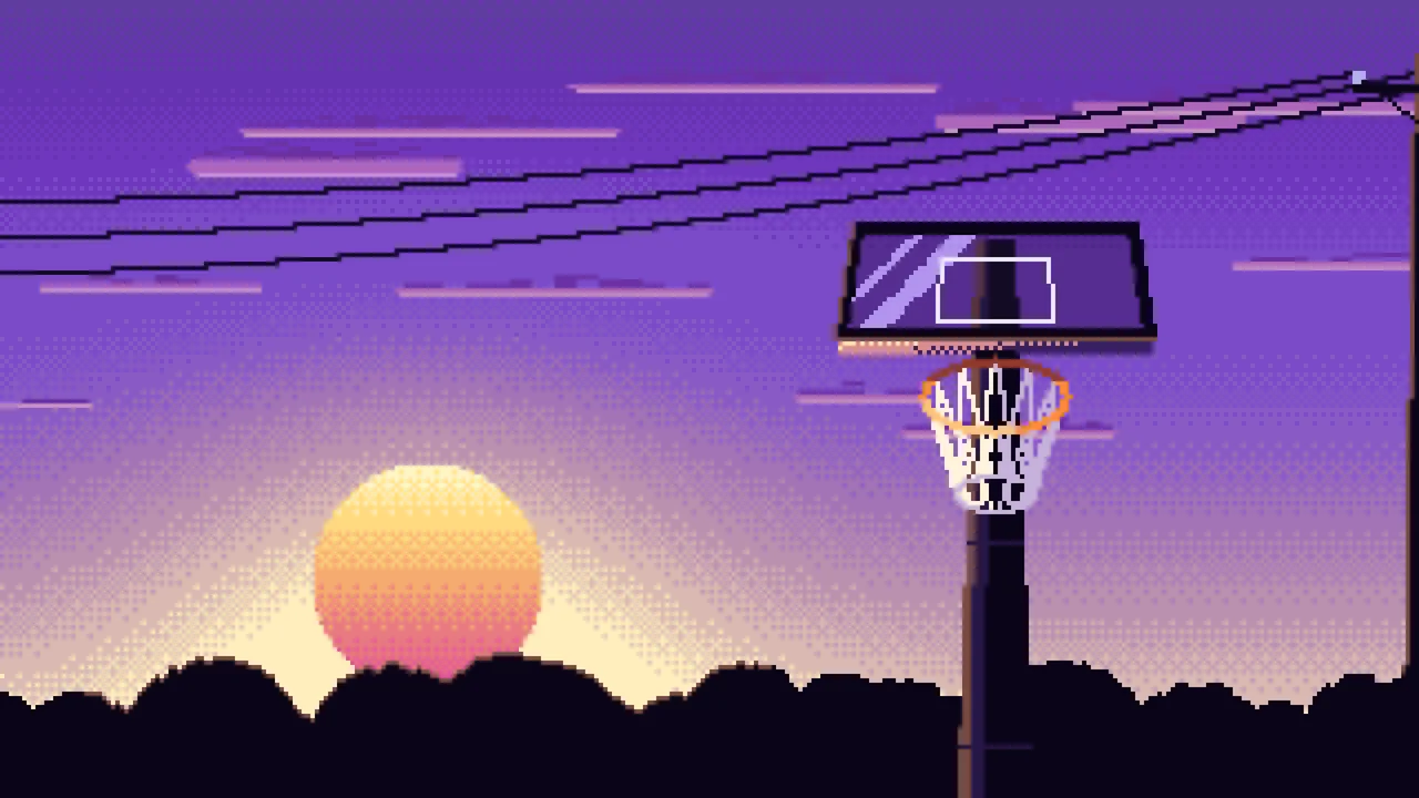 Purple Pixel Art Basketball Hoop at Sunset desktop wallpaper in 4K