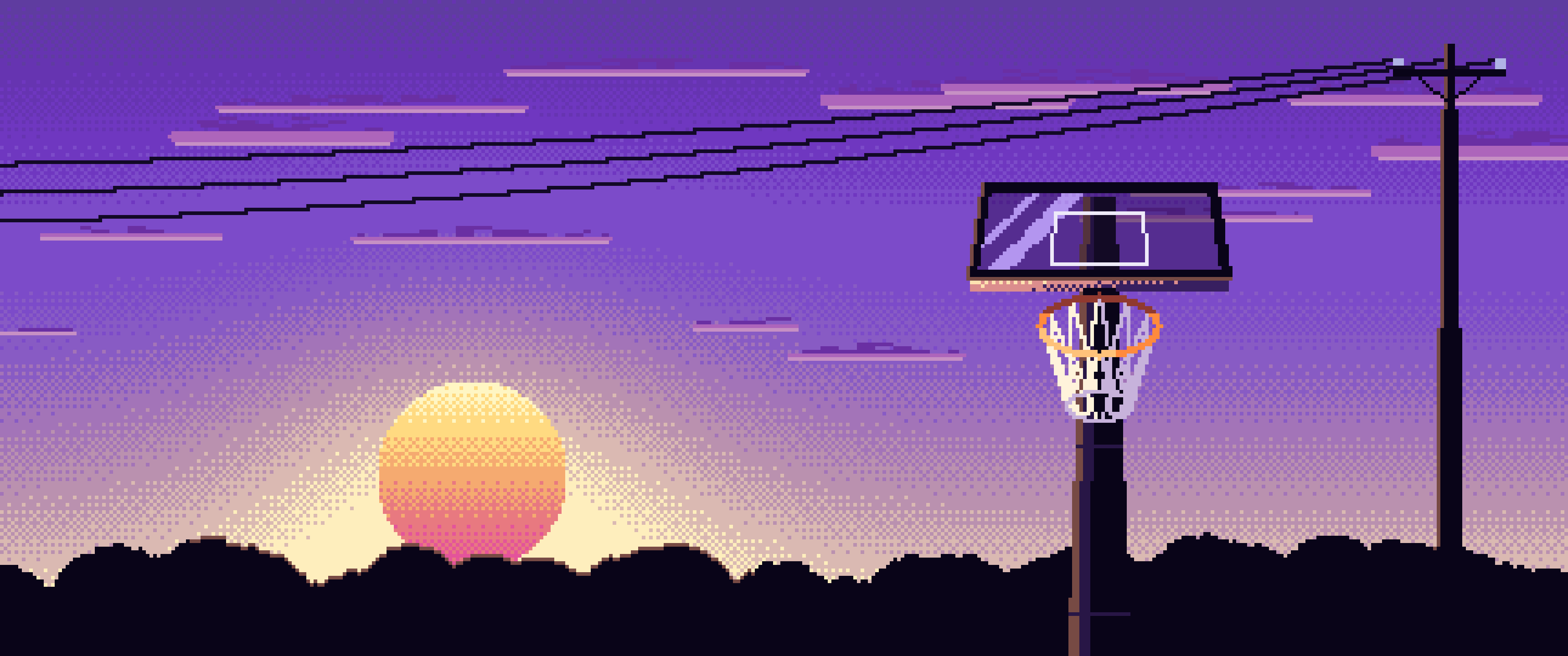 Purple Pixel Art Basketball Hoop at Sunset ultrawide wallpaper, 3440 × 1440