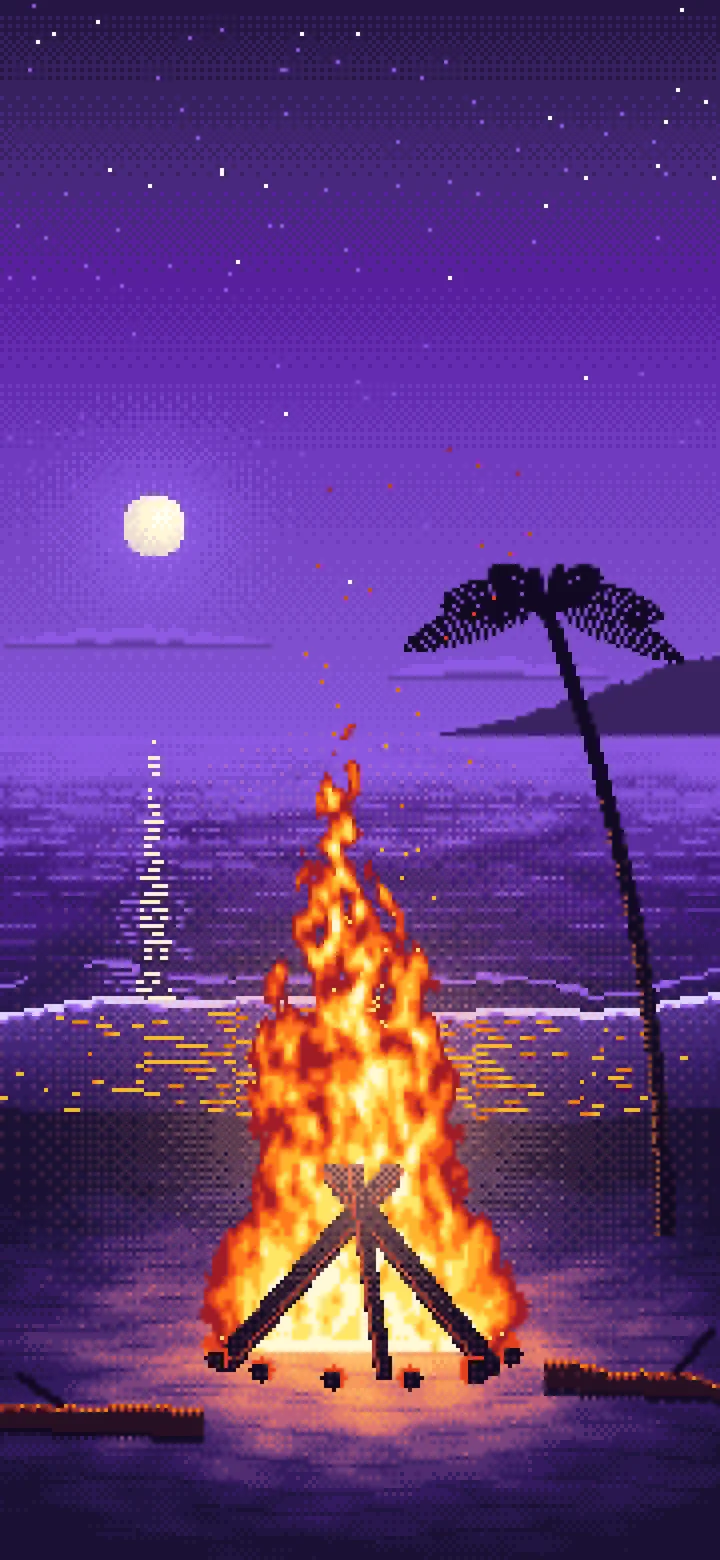 Purple Pixel Art Beach Bonfire at Night wallpaper for iPhone and Android