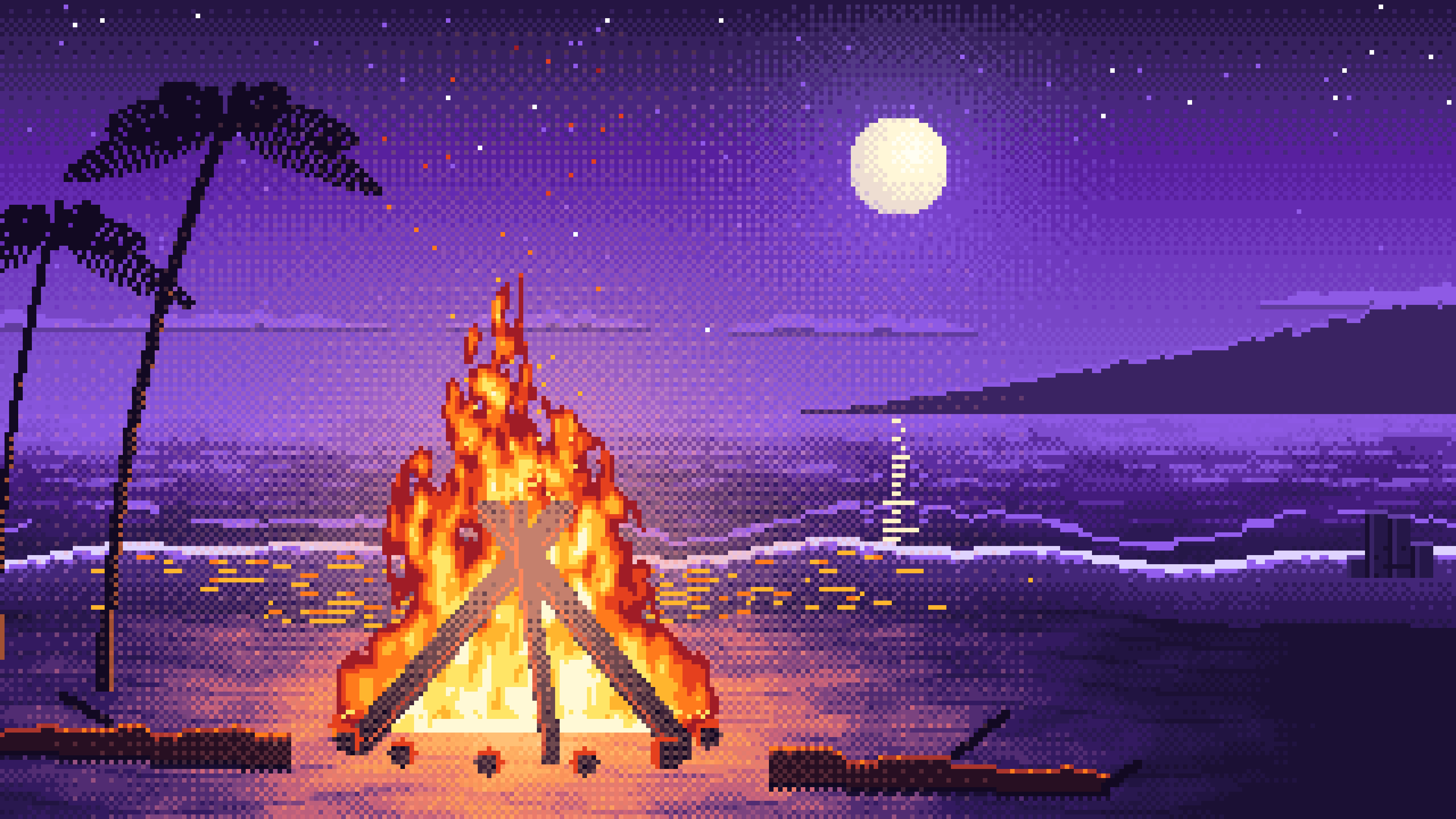 Purple Pixel Art Beach Bonfire at Night desktop wallpaper in 4K